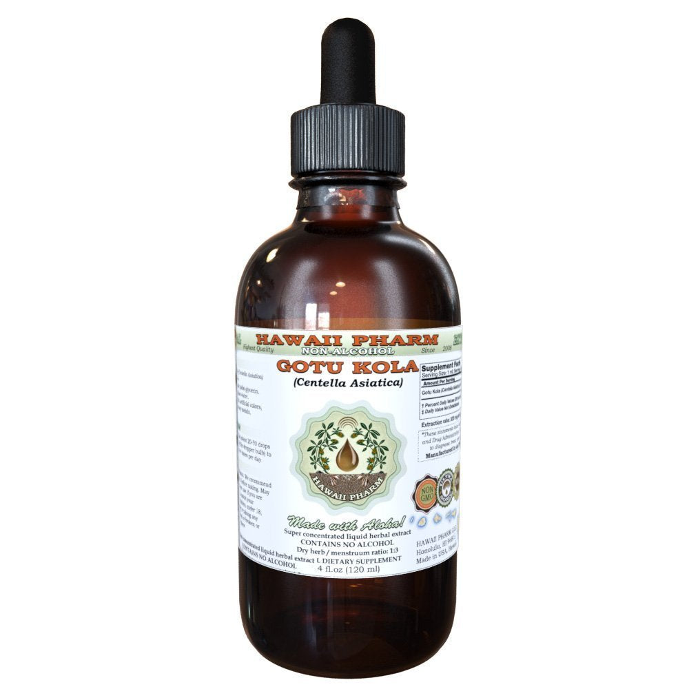 Hawaii Pharm Gotu Kola extracto en botella, suplemento herbal natural para bienestar diario.