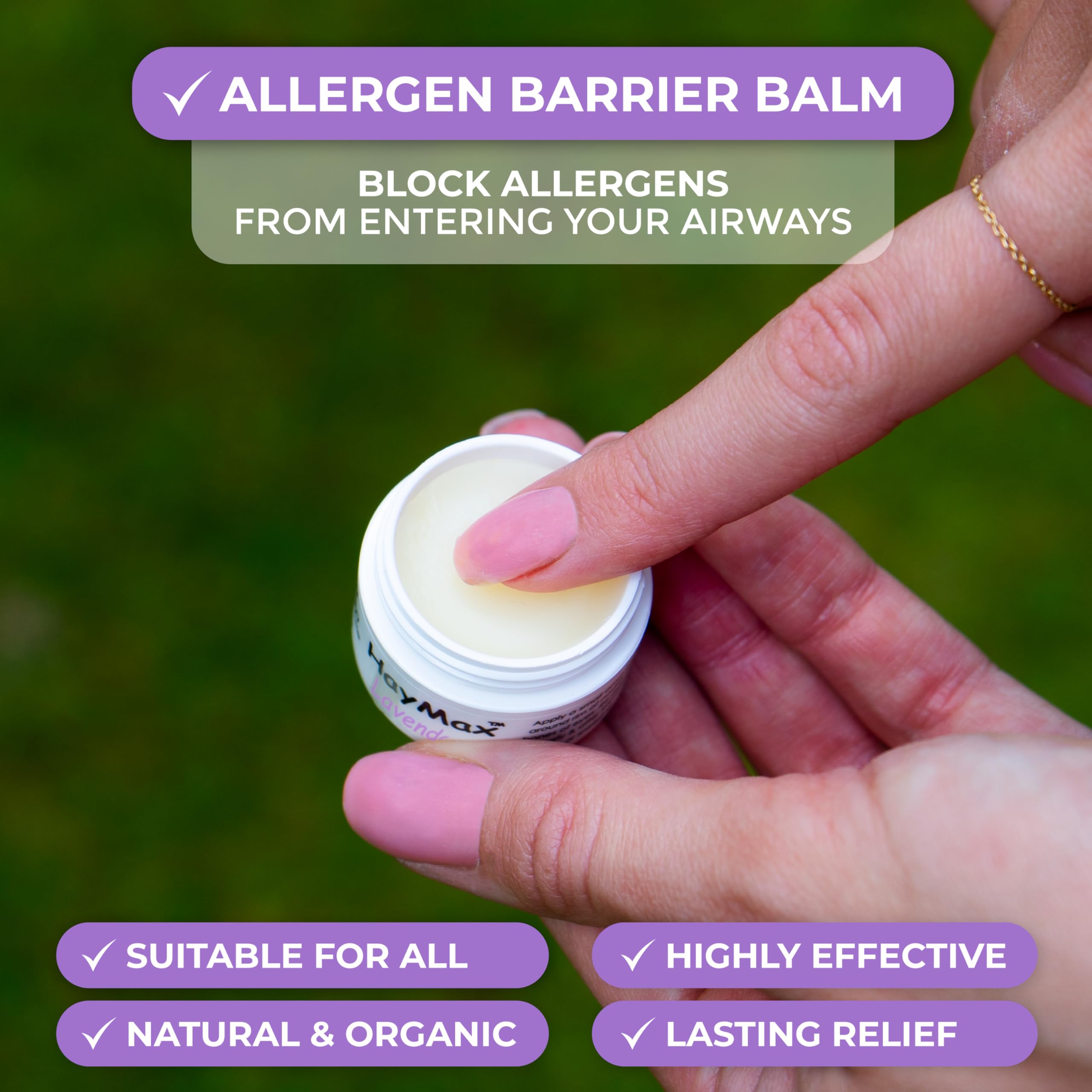 Aplicacion nasal suave con HayMax Balsamo Lavanda para barrera de alergenos