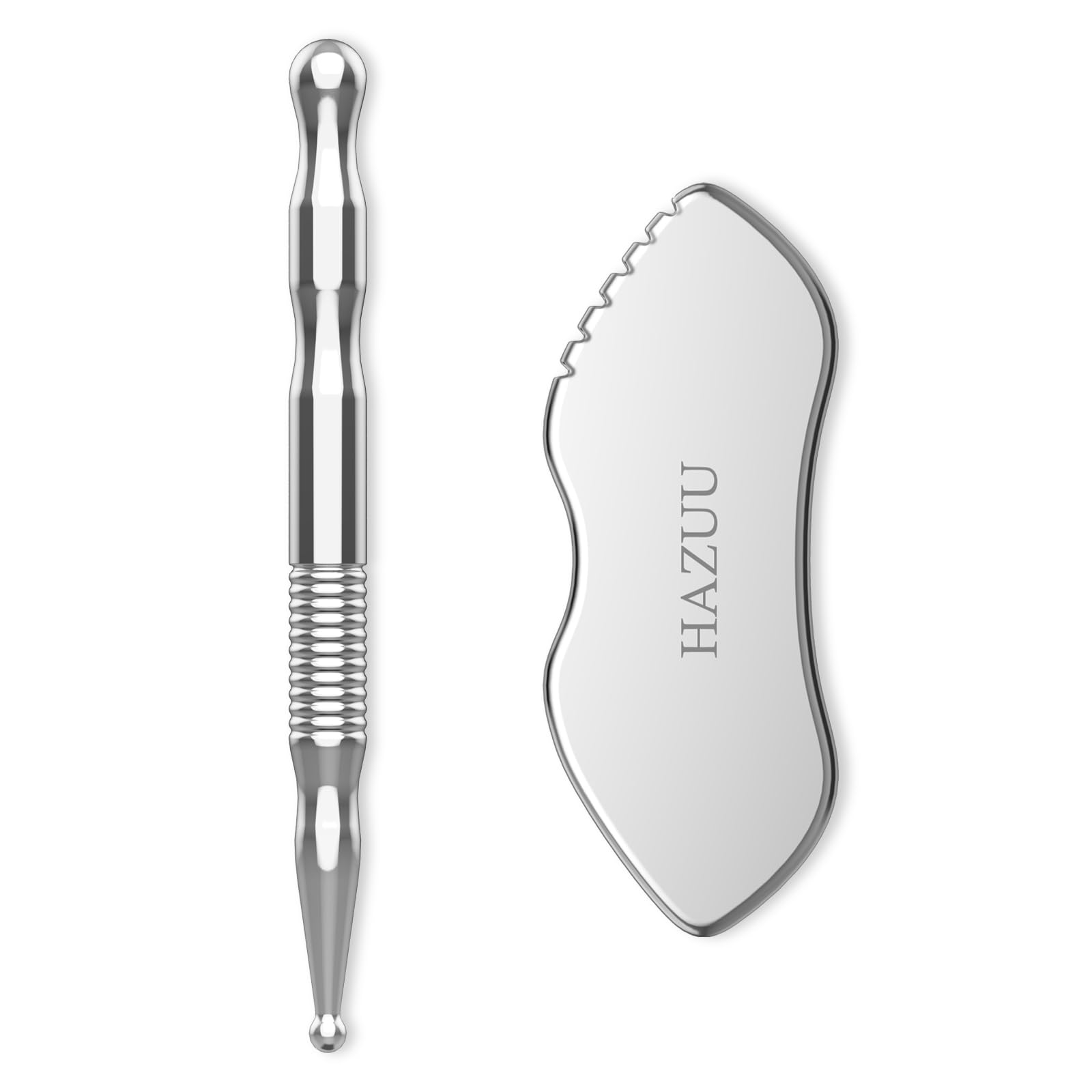 HAZUU gua sha de acero inoxidable para masaje facial y piel radiante.