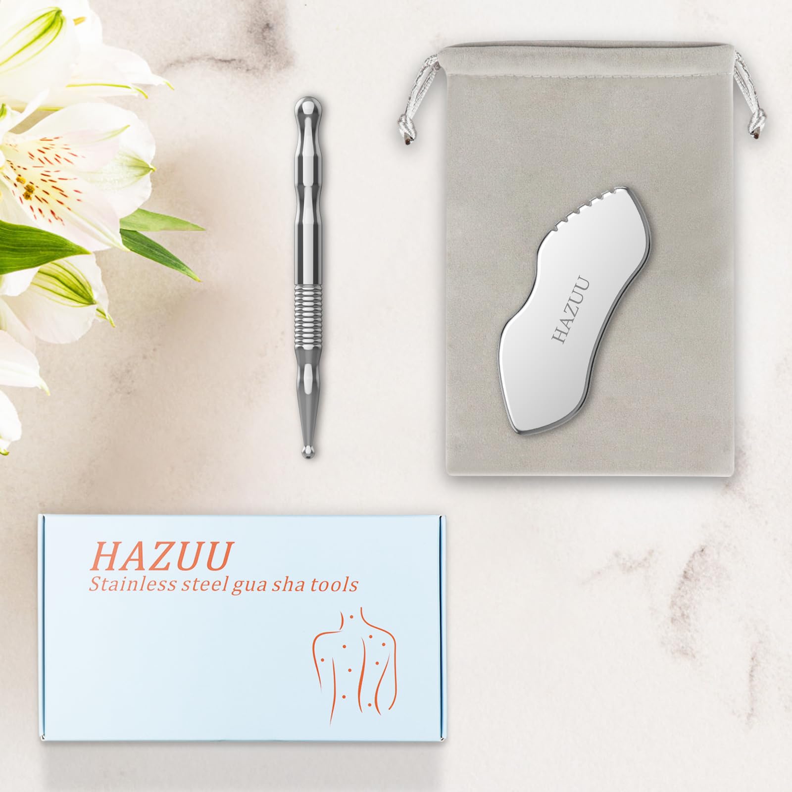 HAZUU gua sha cubre cuerpo completo: cuello, espalda, brazos y piernas.