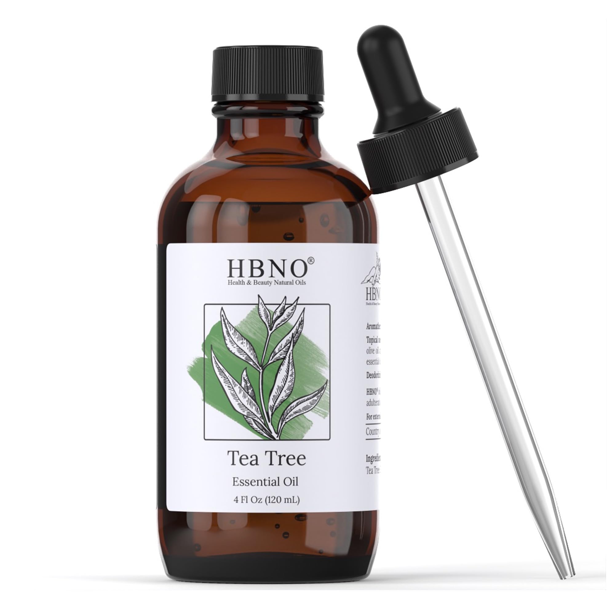 HBNO aceite de árbol de té, botella ámbar con gotero para uso preciso en piel y aroma.