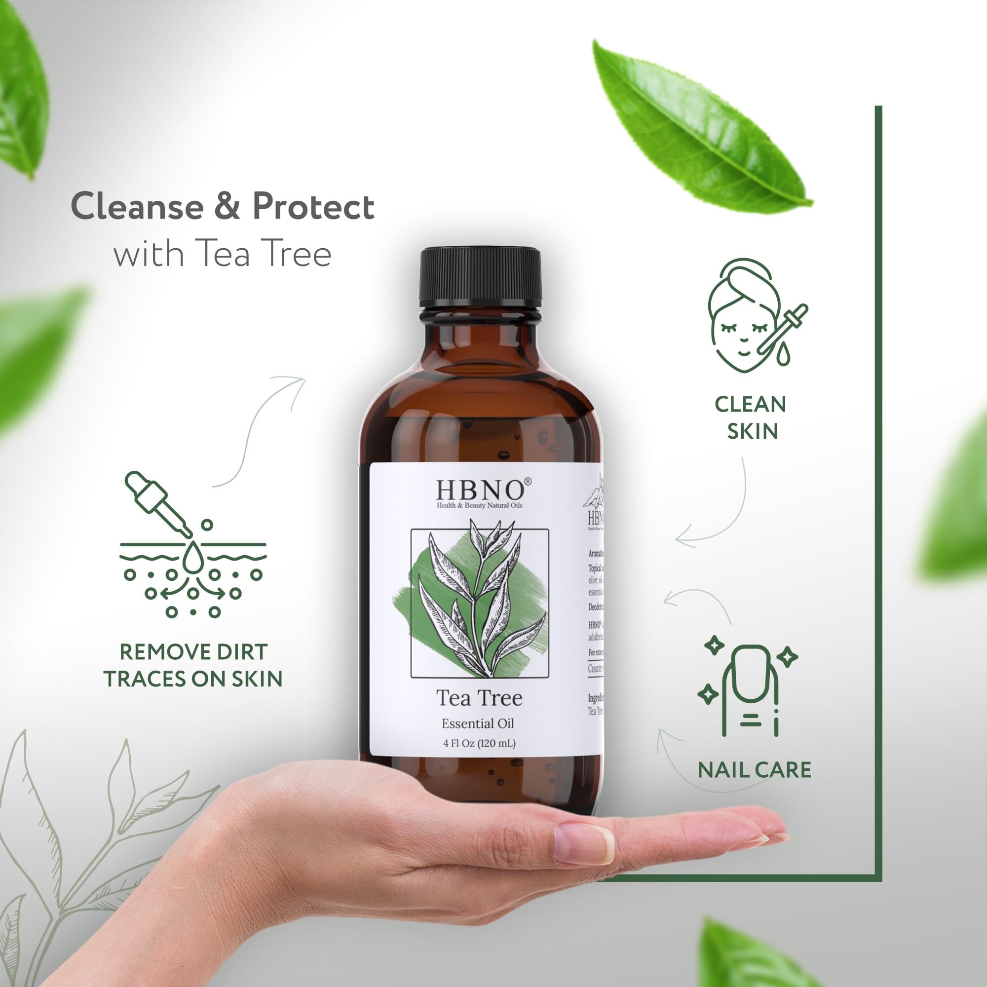 HBNO aceite de árbol de té natural, envasado en Estados Unidos, ideal para aromaterapia suave.