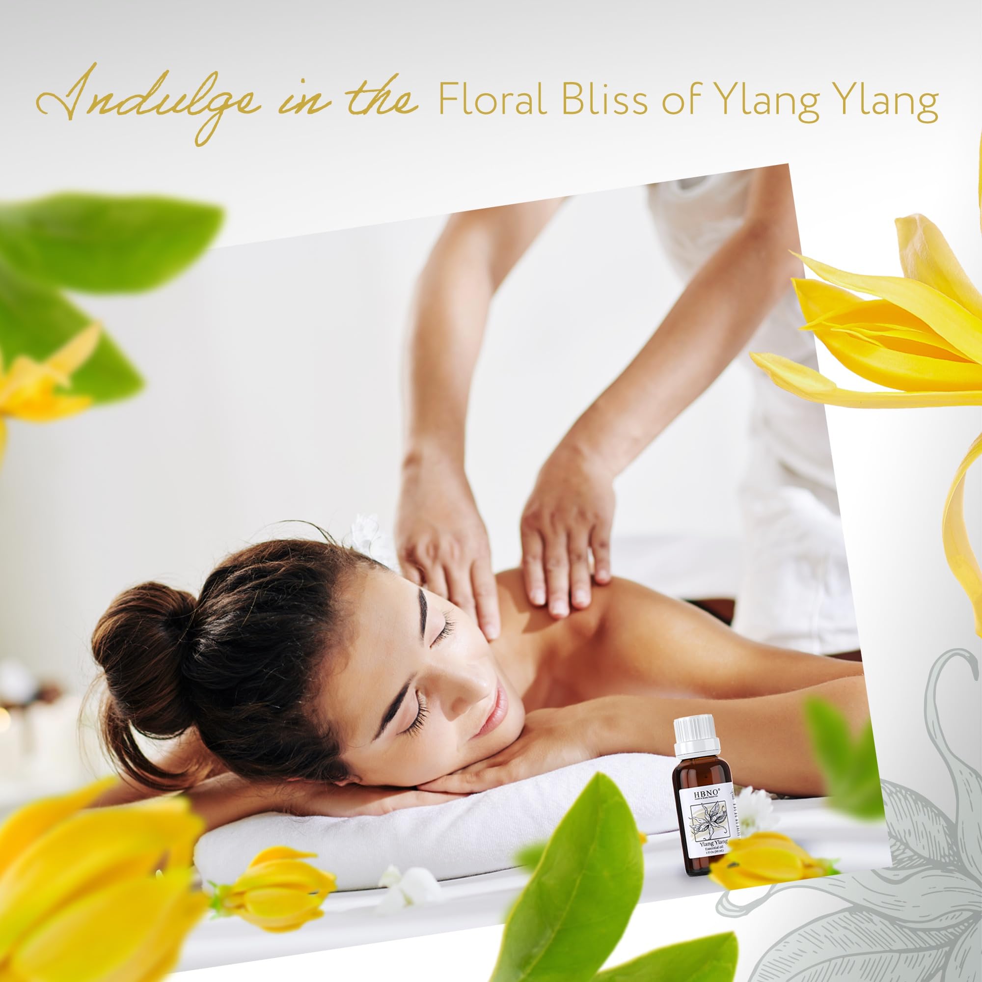 HBNO Aceite esencial Ylang Ylang en escena spa, uso relajante para momentos tranquilos.