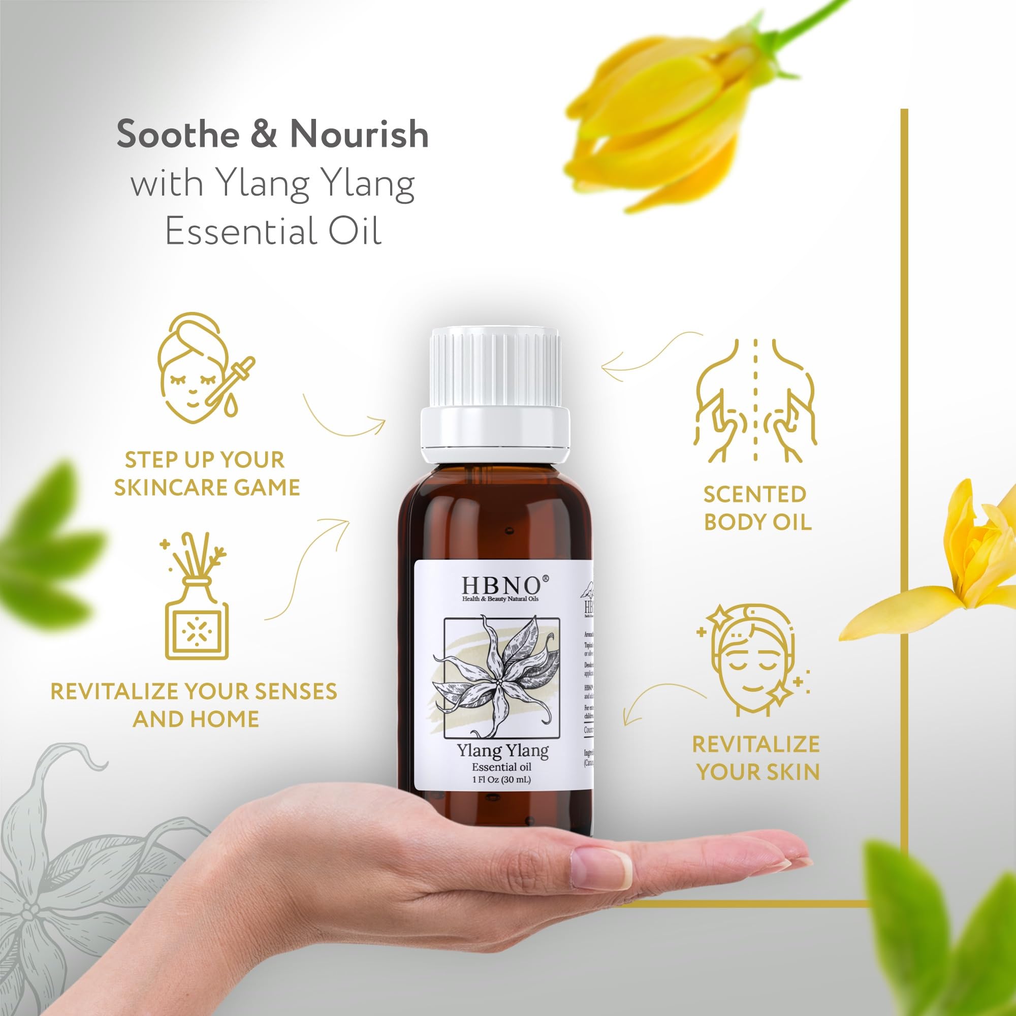 HBNO Aceite esencial Ylang Ylang, gotero en botella ámbar ideal para aromaterapia.
