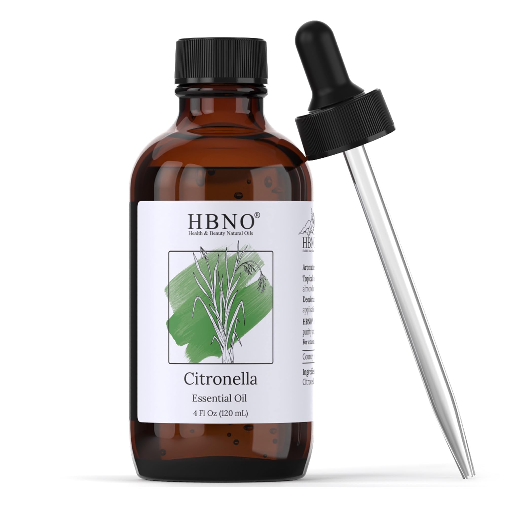 HBNO citronela, botella ámbar con gotero, ideal para aromaterapia y ambientación.