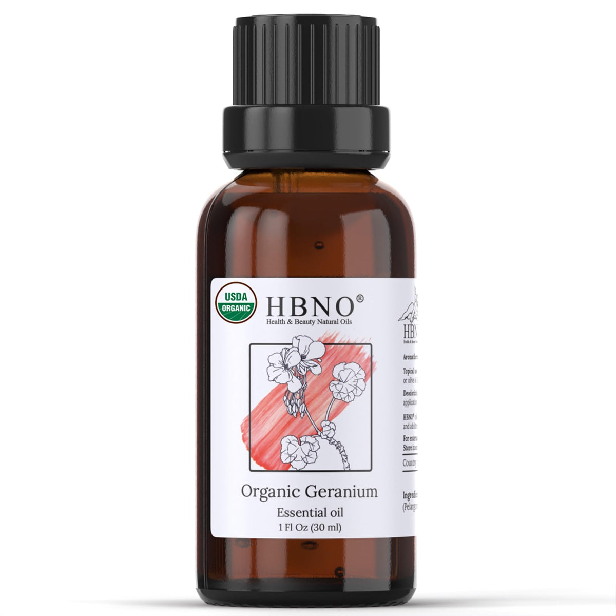 HBNO Geranio orgánico: botella ámbar que protege el aceite para aromaterapia.