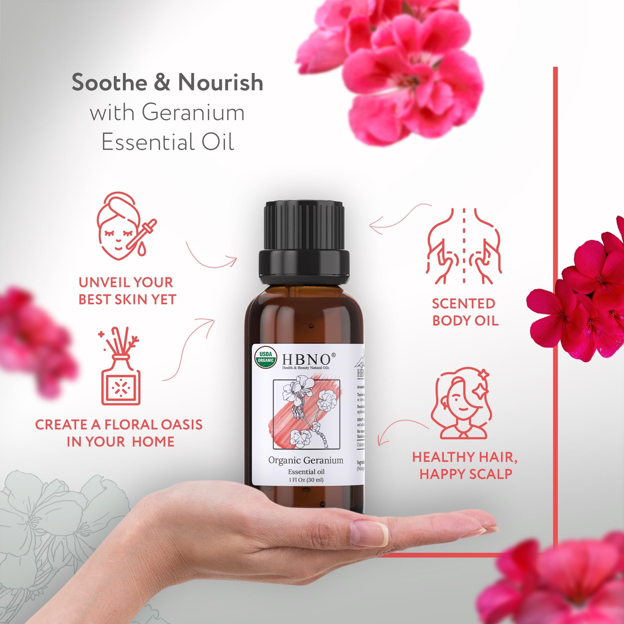 HBNO Geranio orgánico: aroma floral dulce ideal para difusor en interiores.