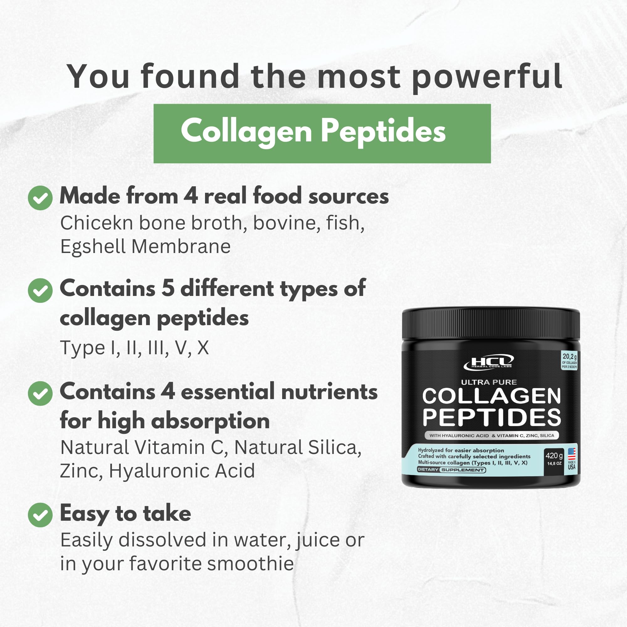 Mezcla en vaso con colágeno HCL Herbal Code Labs para beber fácilmente.