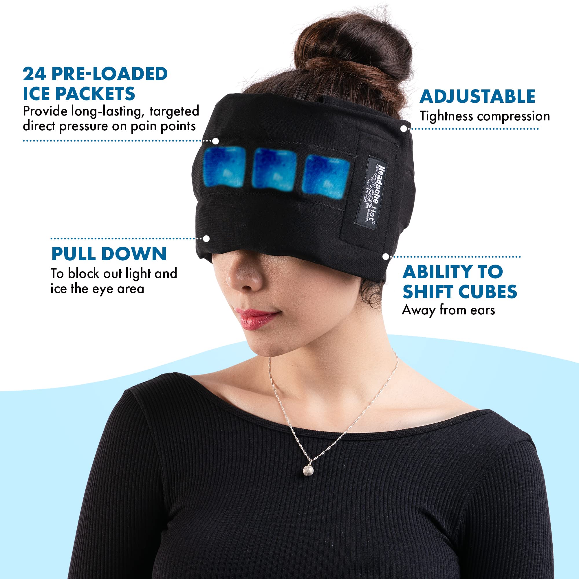 Headache Hat Halo bolsas de hielo internas que se mantienen frías.