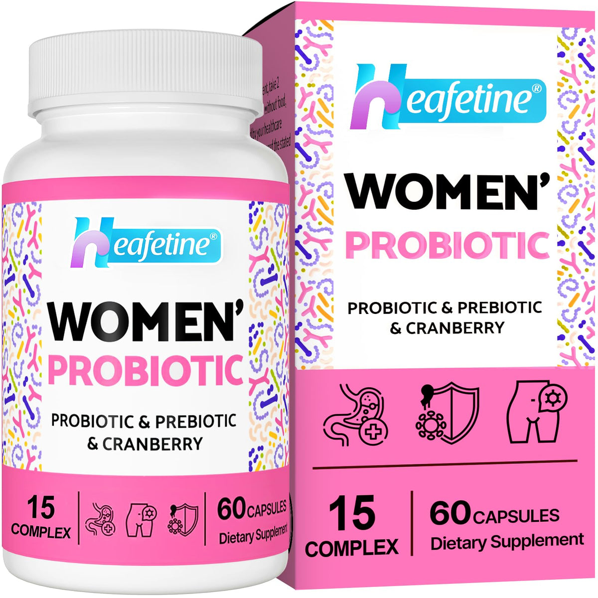 Heafetine Probiotico Femenino, botella vertida, alto conteo CFU para equilibrio vaginal.