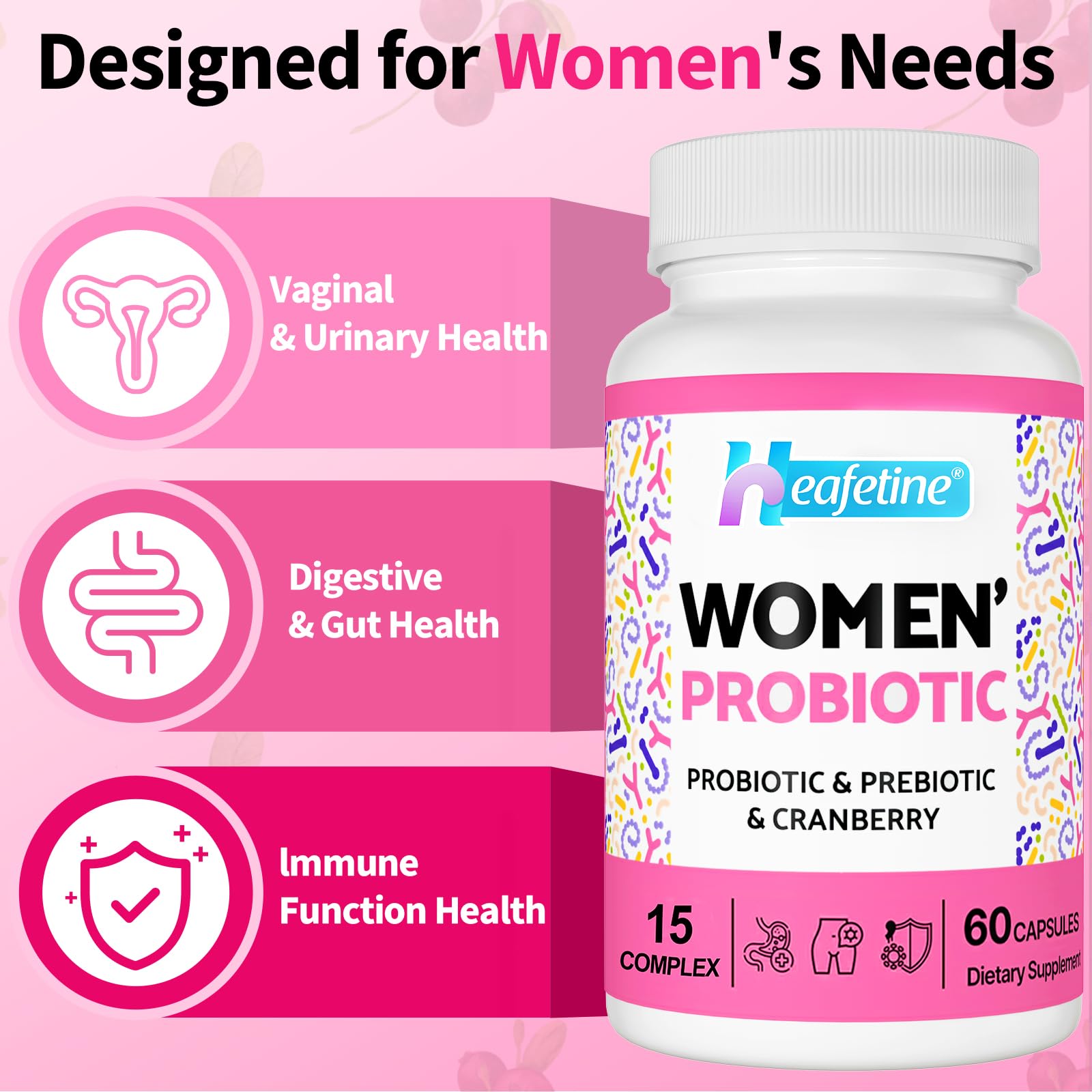 Heafetine Probiotico Femenino, arándanos y cúrcuma como componentes naturales.