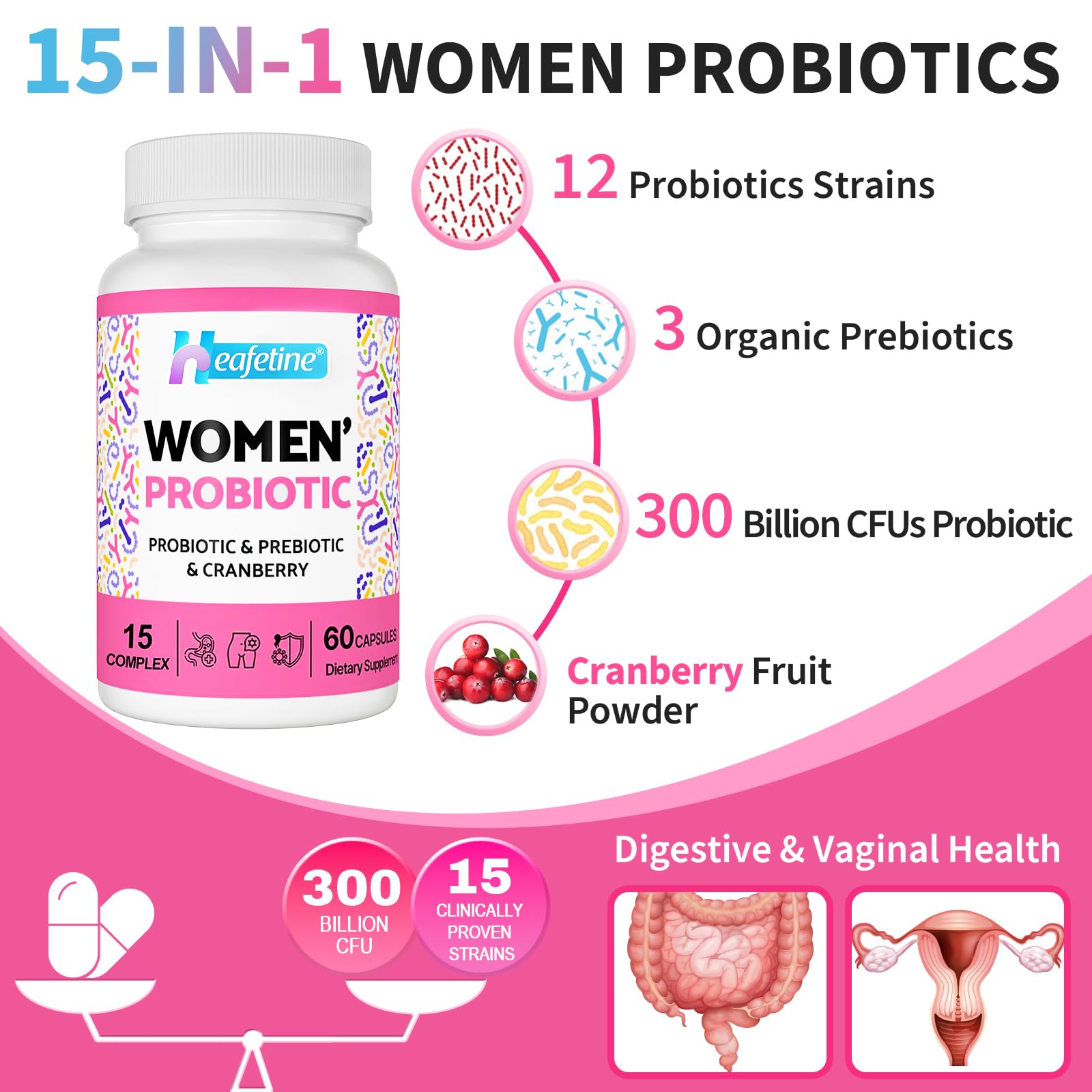 Heafetine Probiotico Femenino, etiqueta muestra ingredientes y prebióticos.