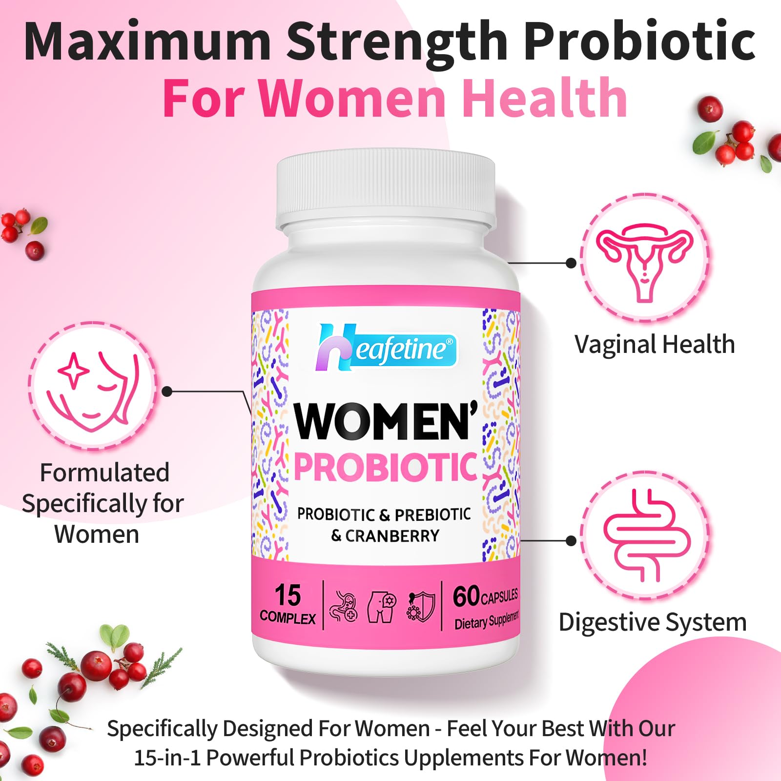 Heafetine Probiotico Femenino, libre de gluten y apto vegano.