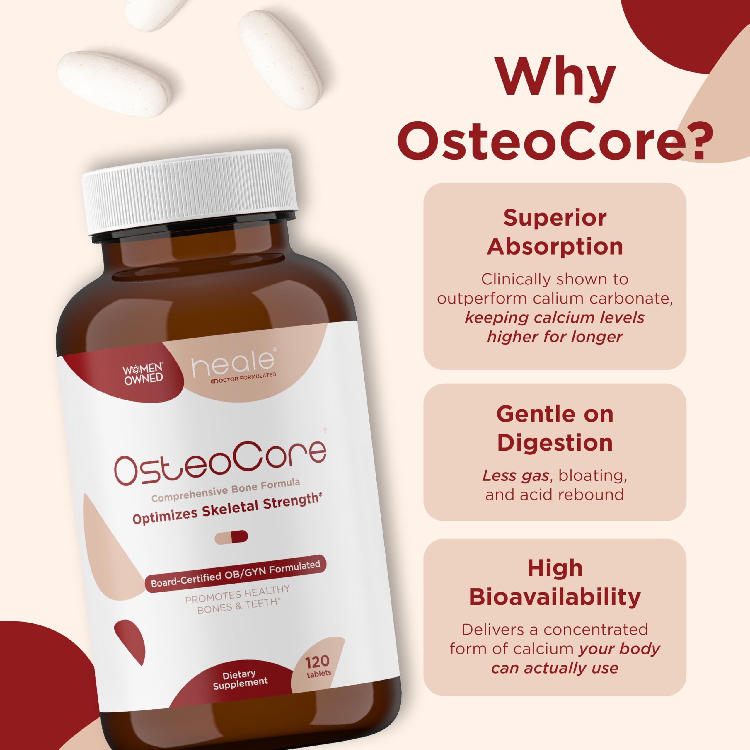 Frente del envase OsteoCore, señal de calidad Heale.