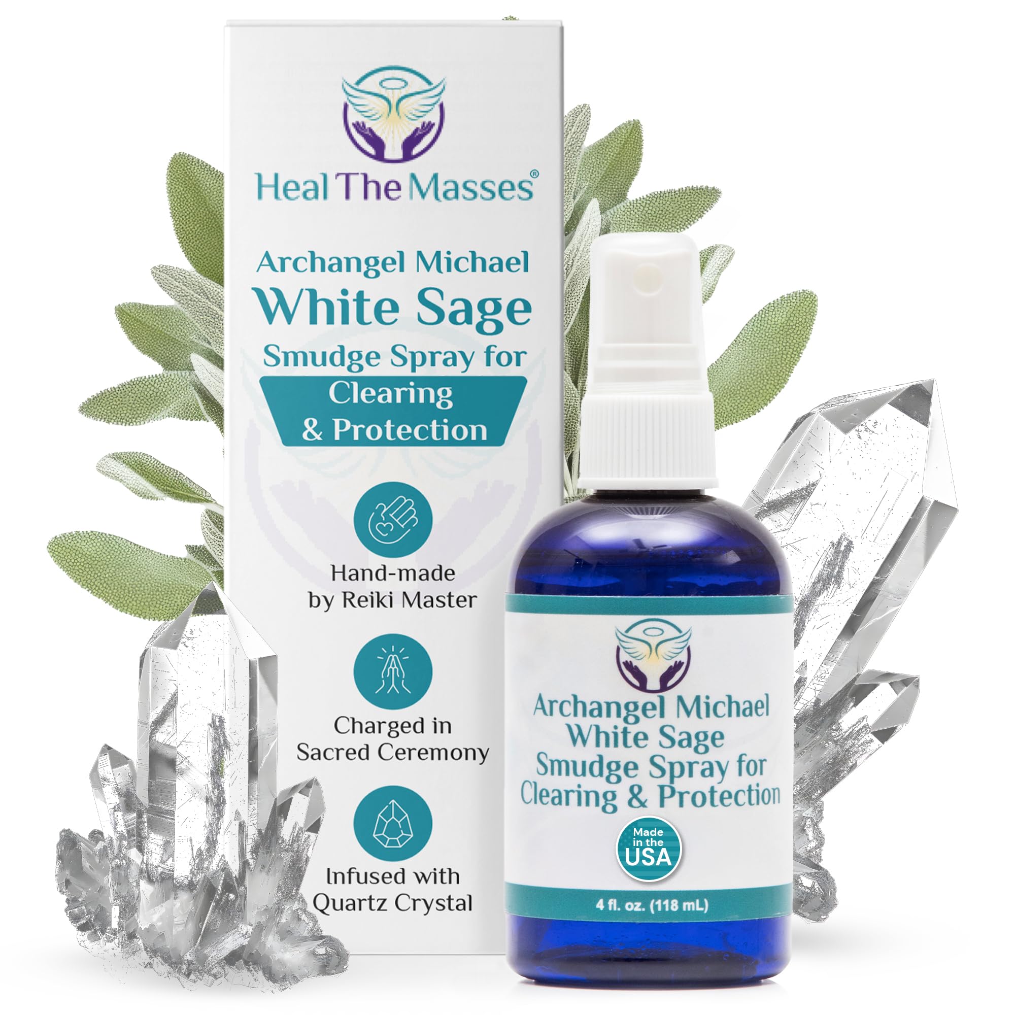 Heal The Masses bruma de salvia blanca en frasco con cuarzos para limpieza de energías