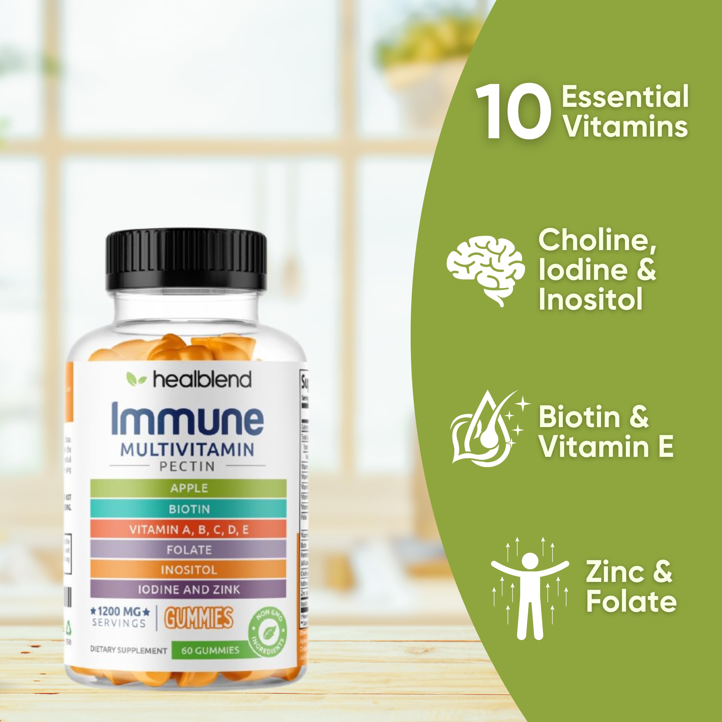 healblend gominolas multivitaminas, etiqueta clara con ingredientes y beneficios