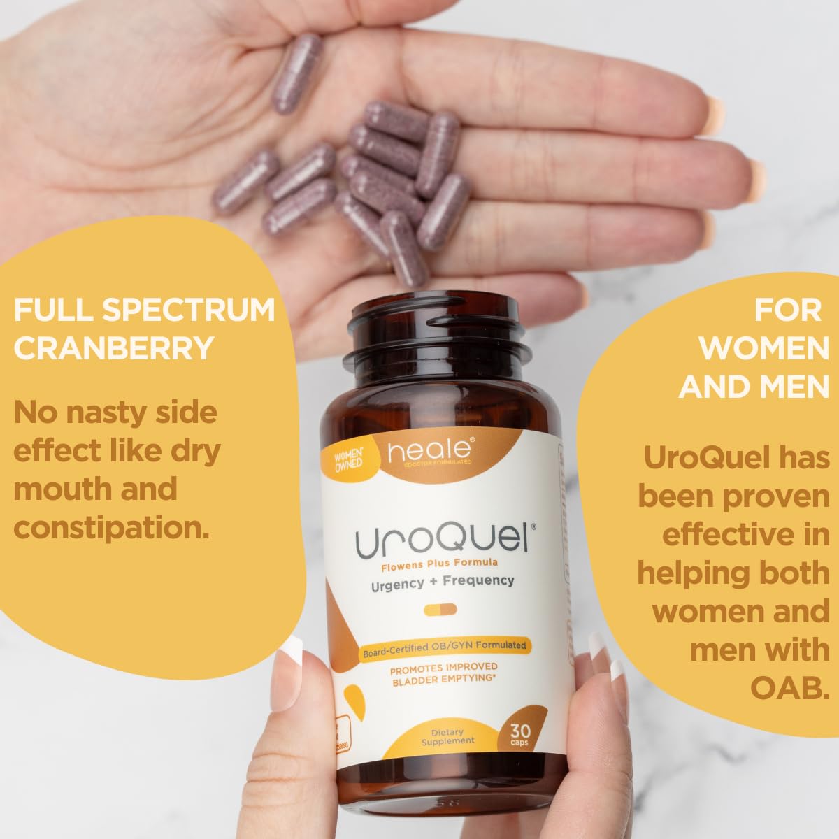 Envase y etiqueta de UroQuel, práctico para guardar en casa.