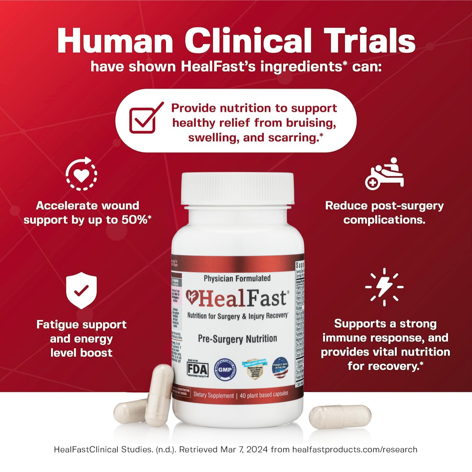 HealFast tabletas de nutrición quirúrgica para el periodo postoperatorio.