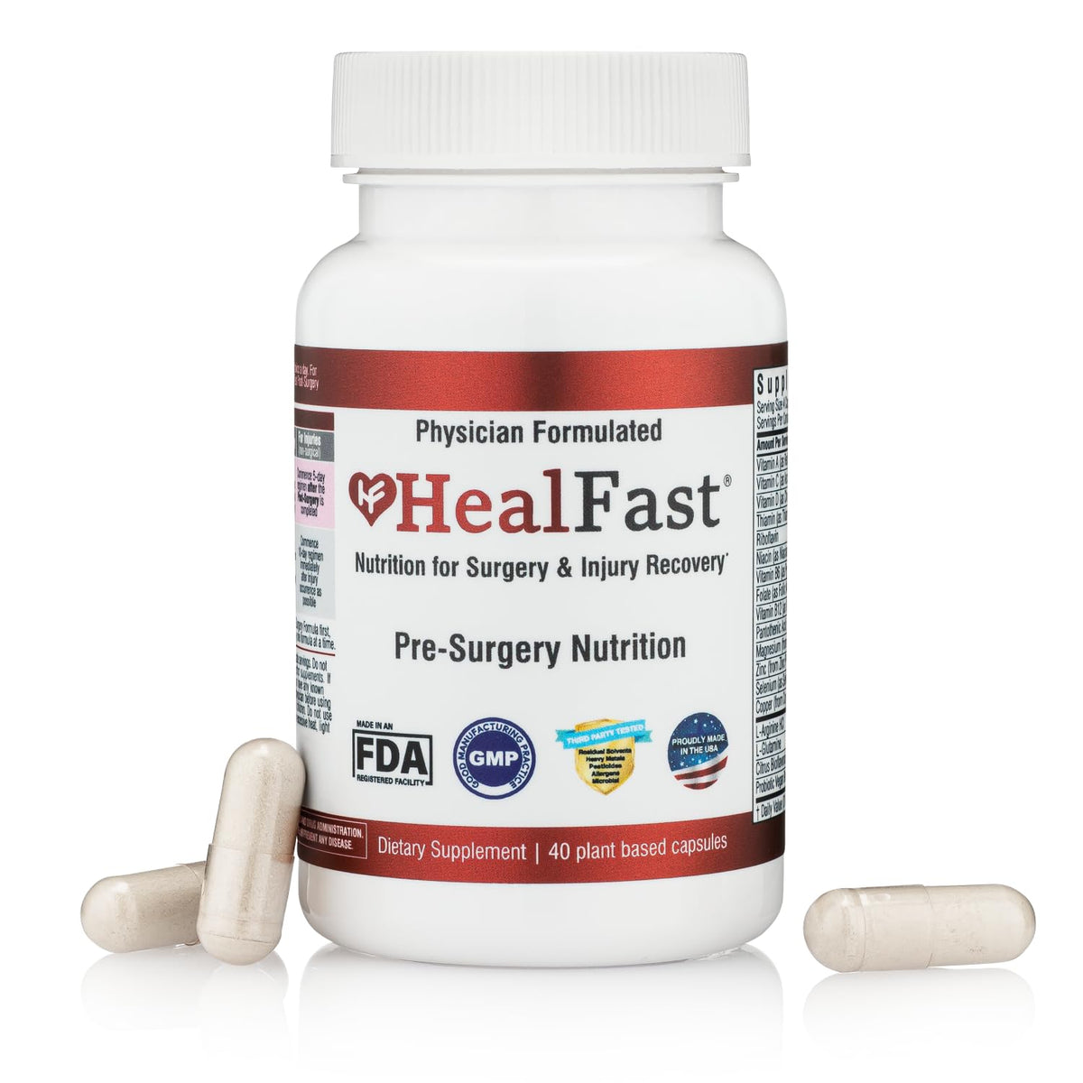 HealFast botella con dosis preoperatorias para apoyar la recuperación quirúrgica.