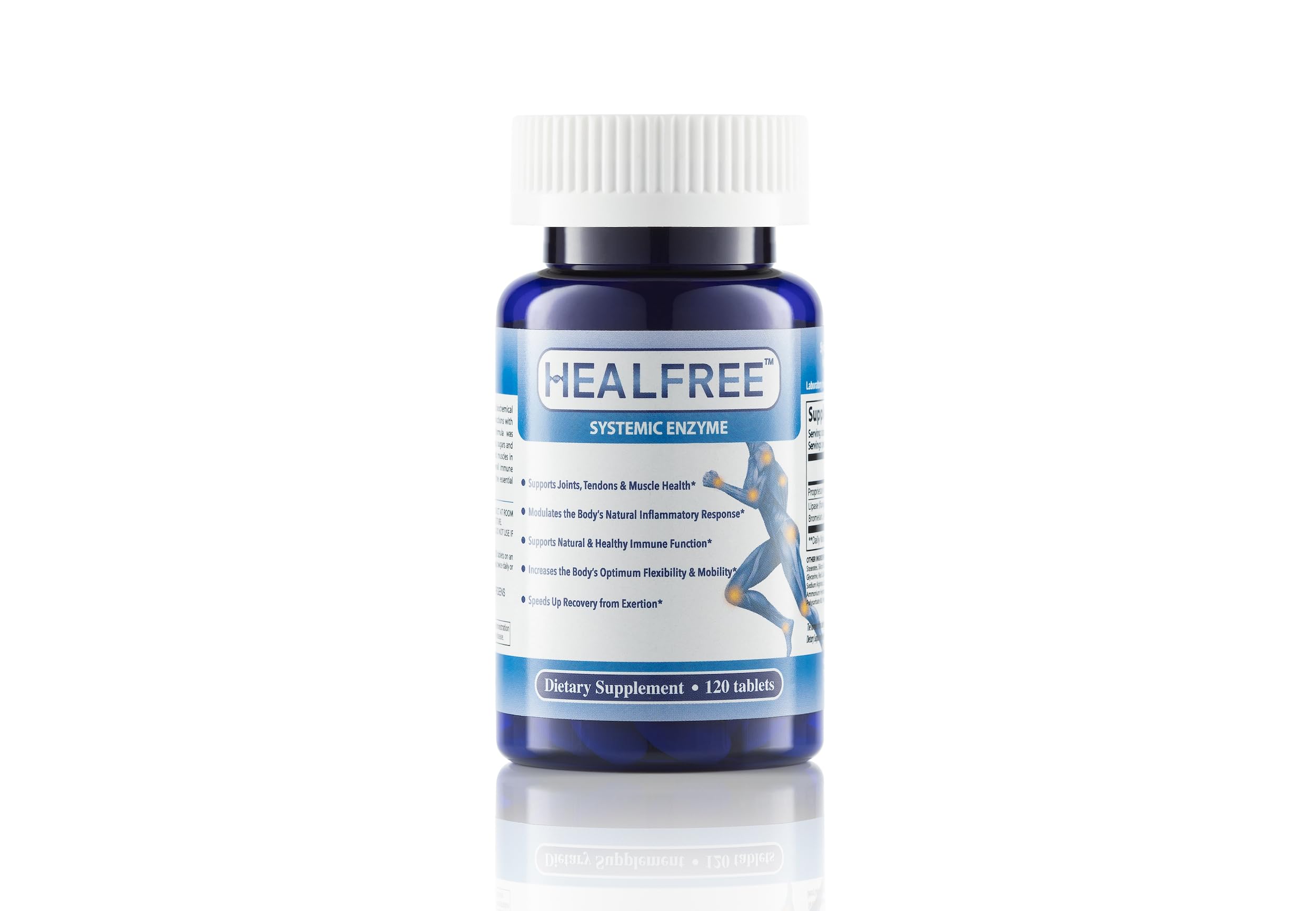 Healfree Sistema Enzimático: cápsulas en botella, posible apoyo a la movilidad diaria.