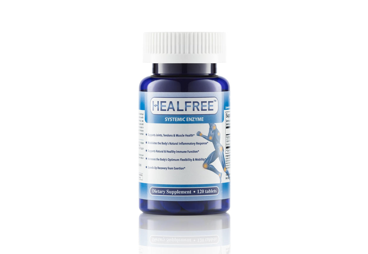 Healfree Sistema Enzimático: cápsulas en botella, posible apoyo a la movilidad diaria.