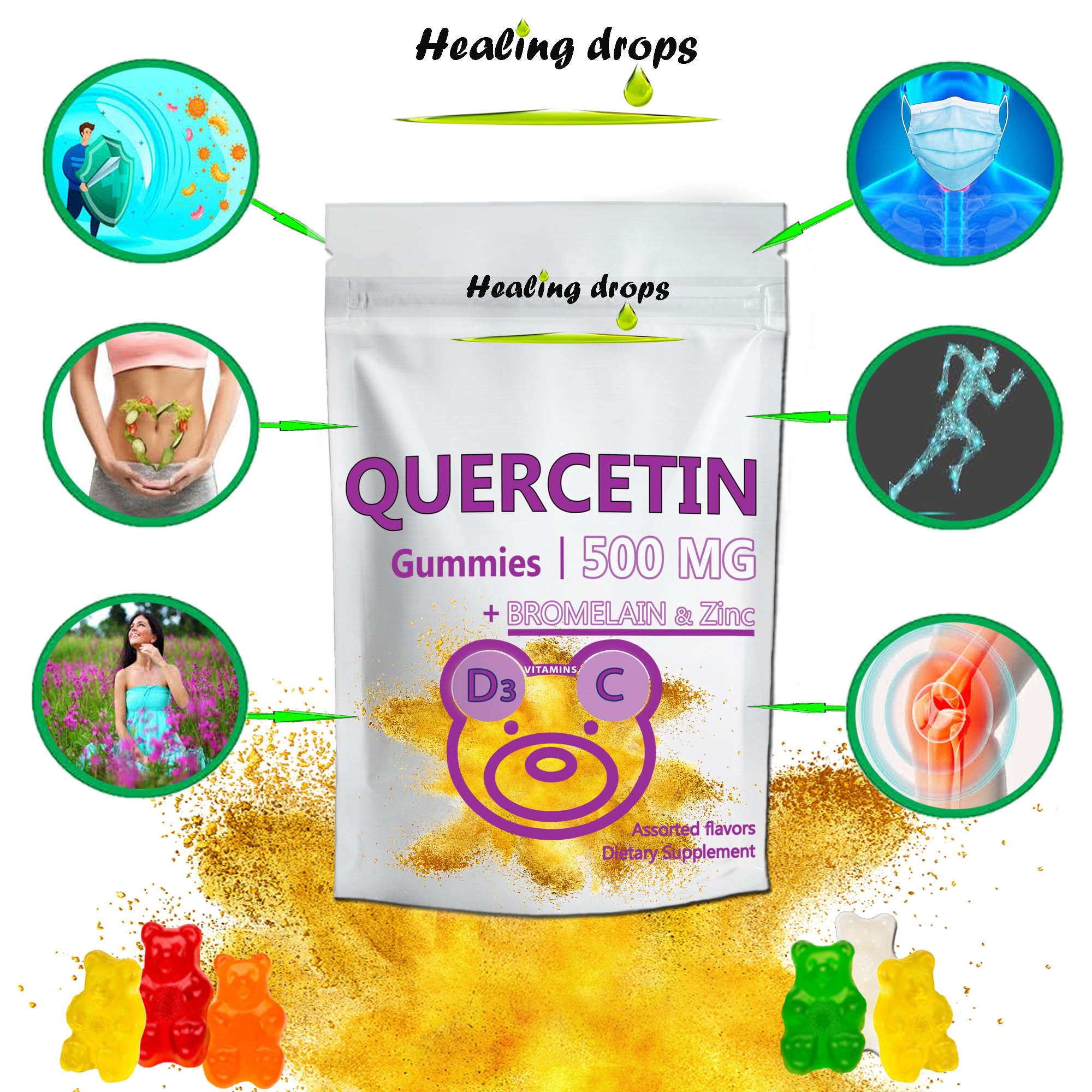 Gomitas Healing Drops Quercetina 500mg en bote, perfecto para uso diario.
