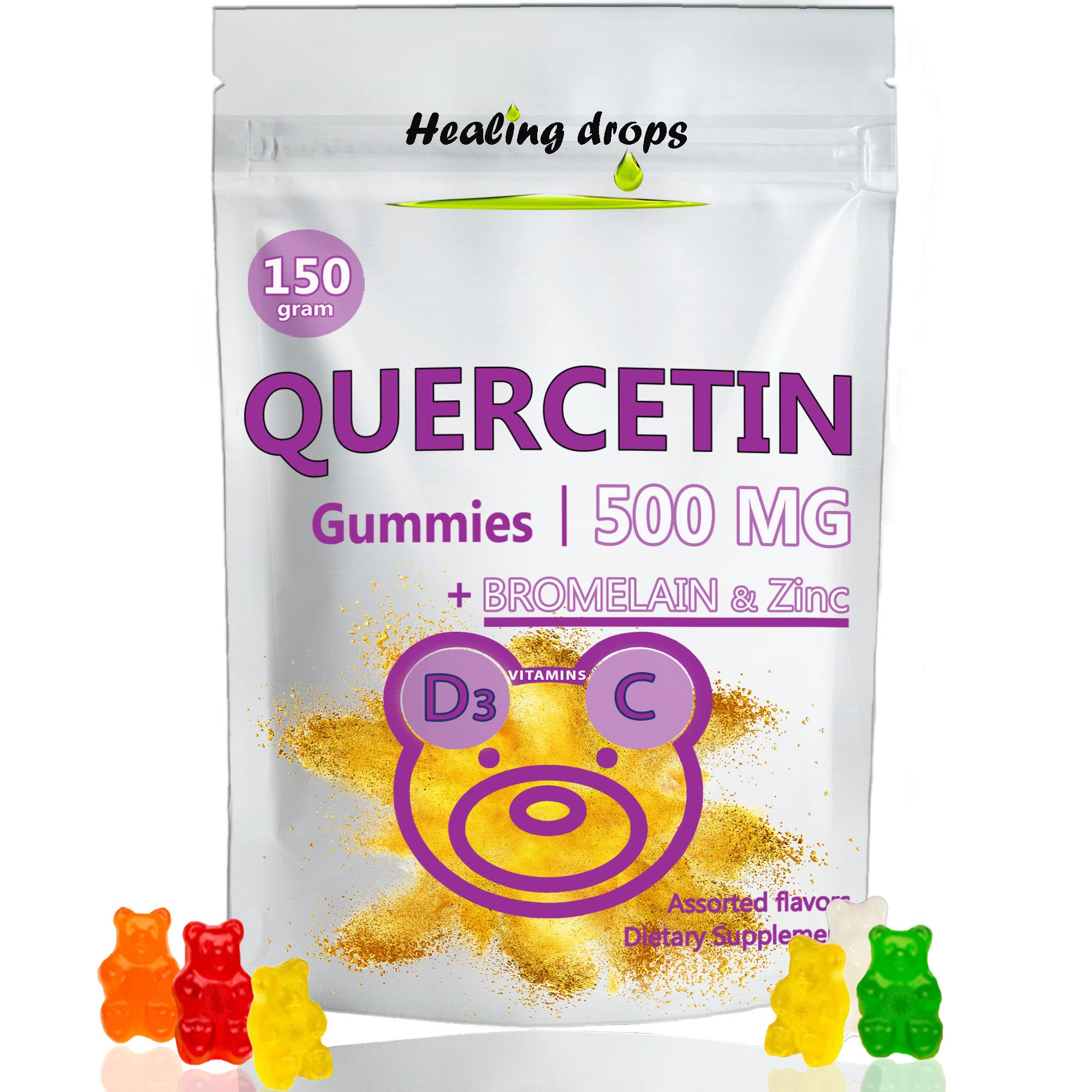Gomitas Healing Drops Quercetina 500mg en etiqueta, ideal para consumo diario.
