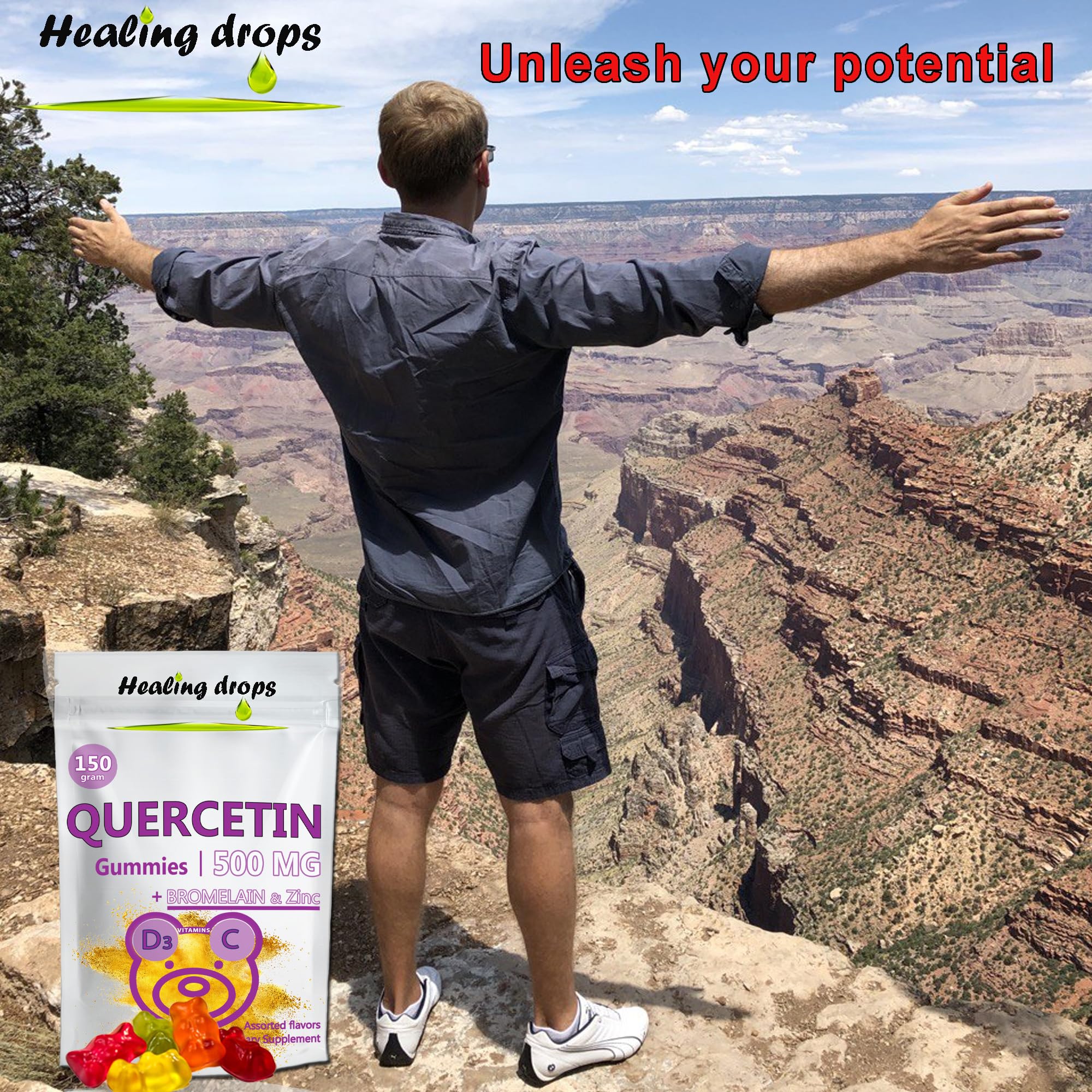 Healing Drops gomitas Quercetina 500mg para uso familiar, fácil de incorporar.