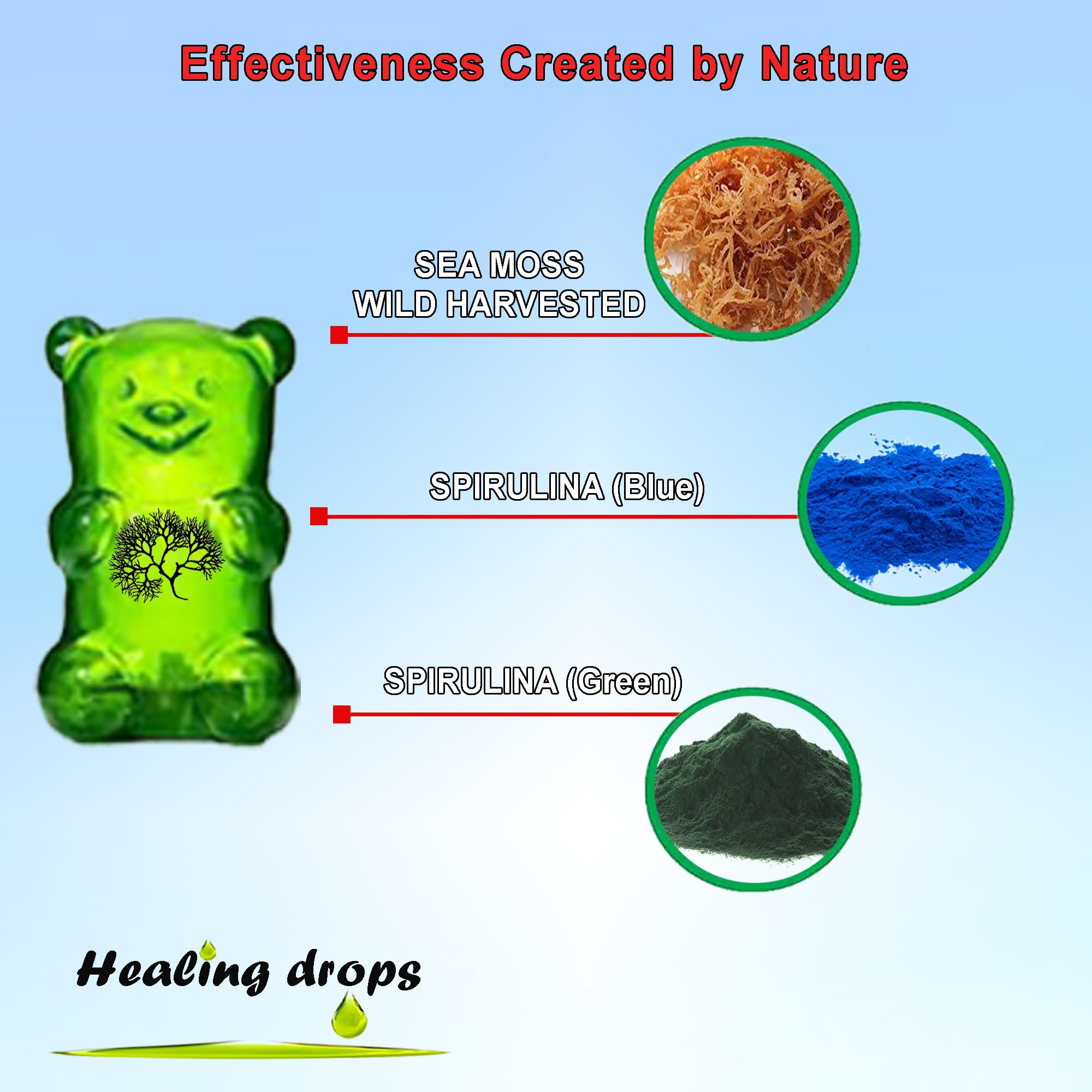 Gomitas Healing Drops Spirulina y musgo mar sabor manzana, combinación nutritiva para el día