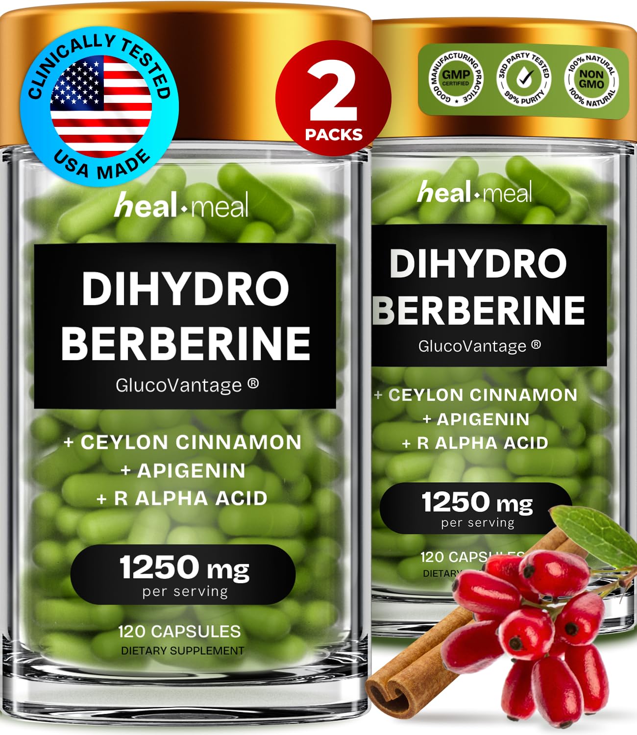 HealMeal dihidroberberina en botella, cápsulas pequeñas para uso diario cómodo.