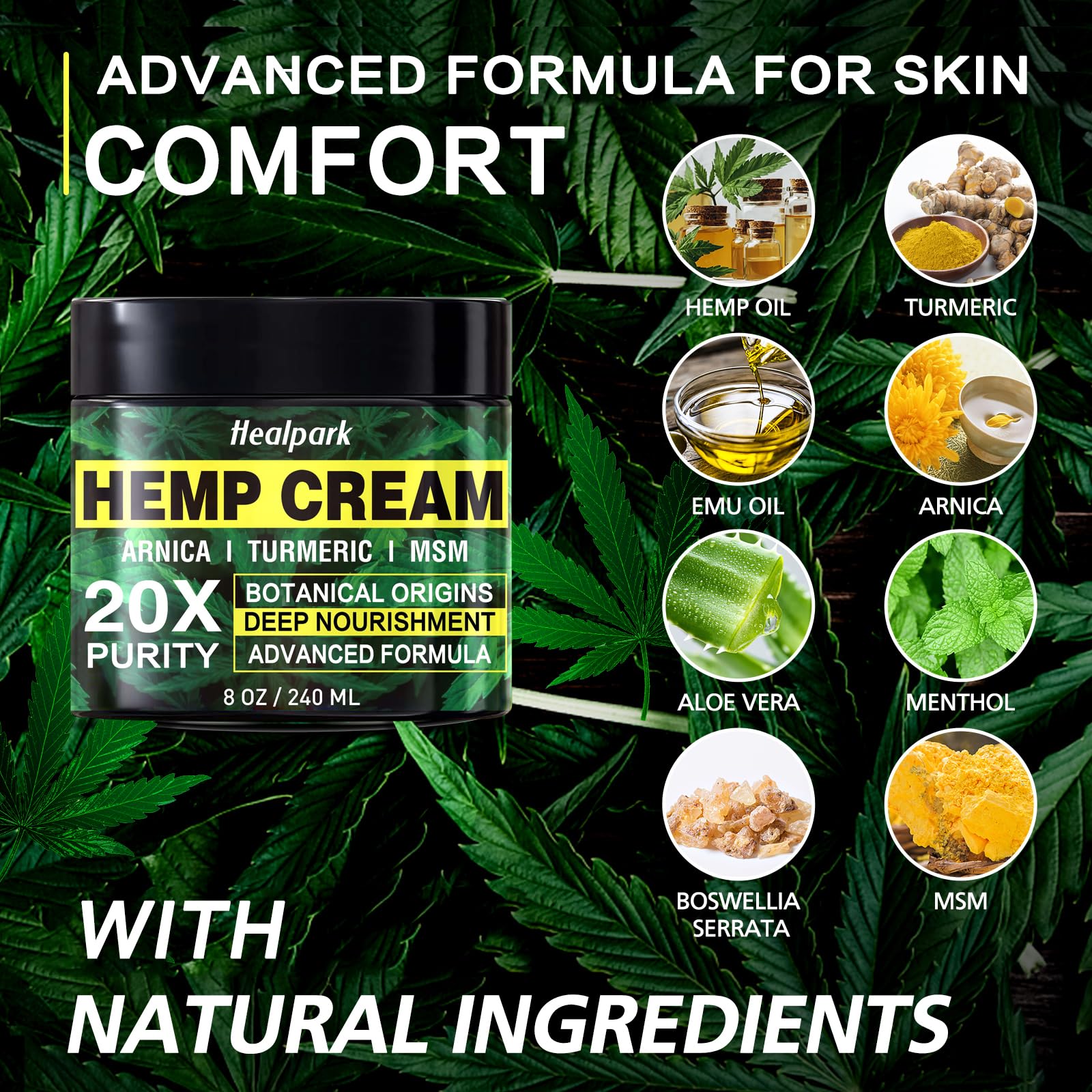 Healpark crema de cáñamo con MSM y cúrcuma para nutrición de la piel.