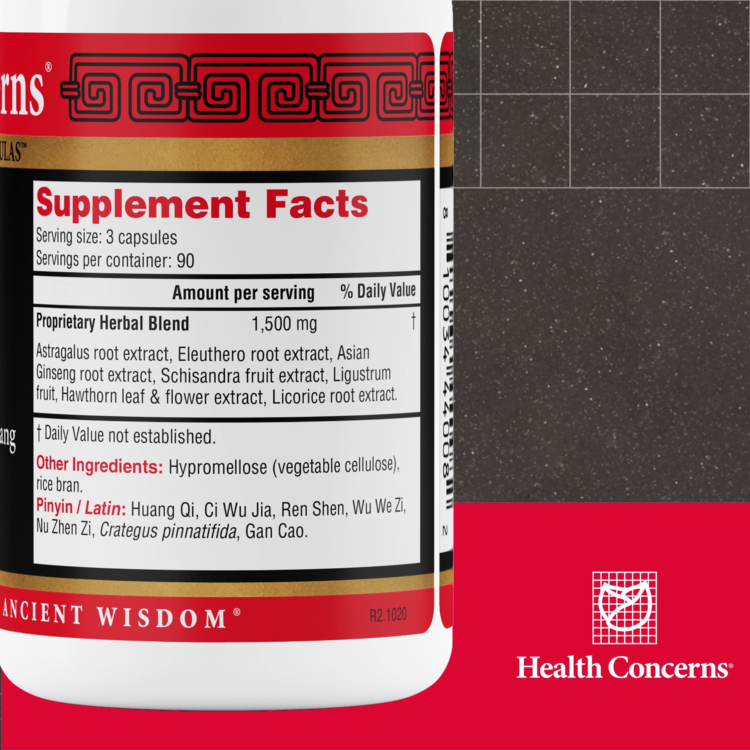 Health Concerns Astra8 etiqueta-producto muestra ingredientes adaptógenos para vitalidad.