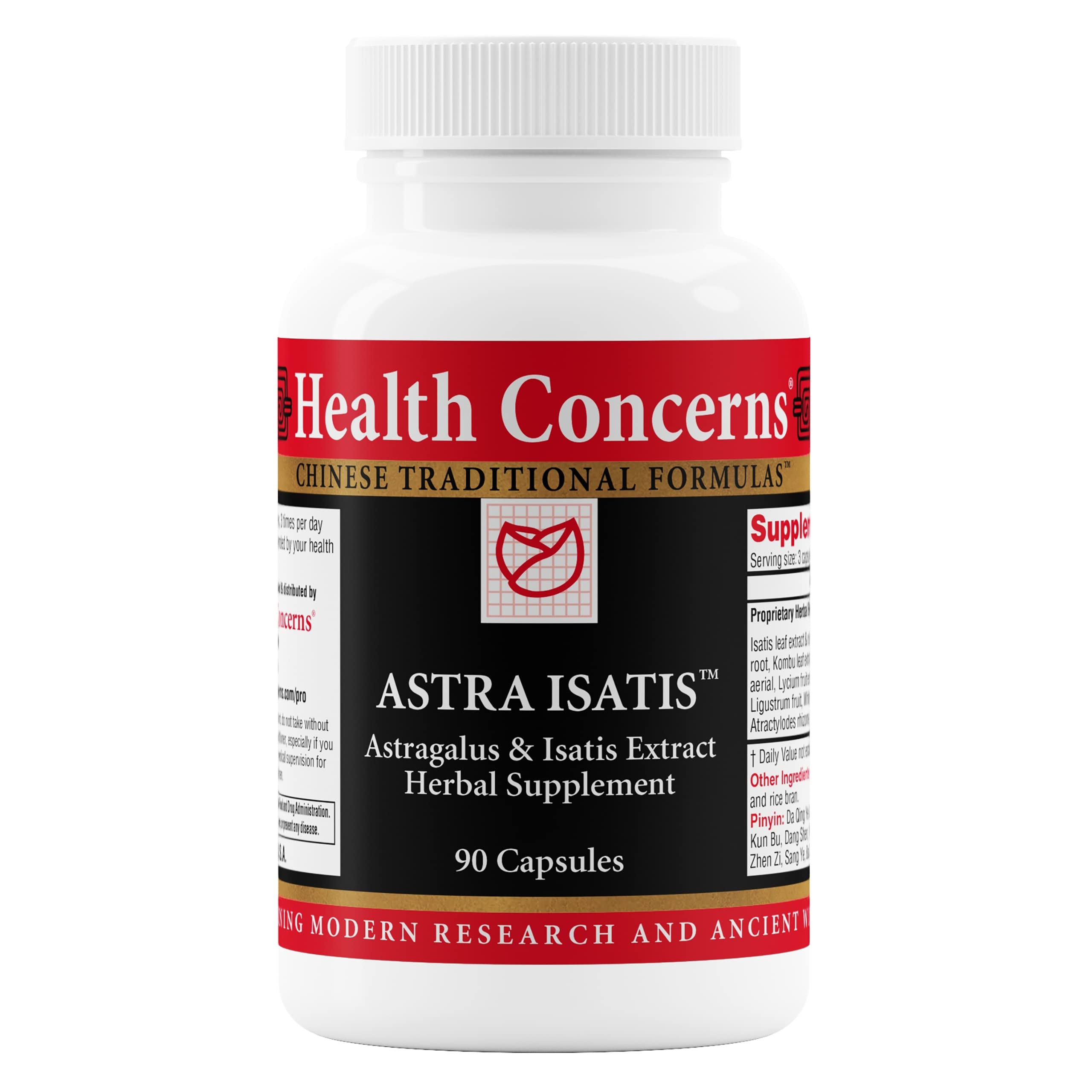 Health Concerns Astra Isatis, botella frente: posible apoyo a defensas y salud respiratoria diaria.