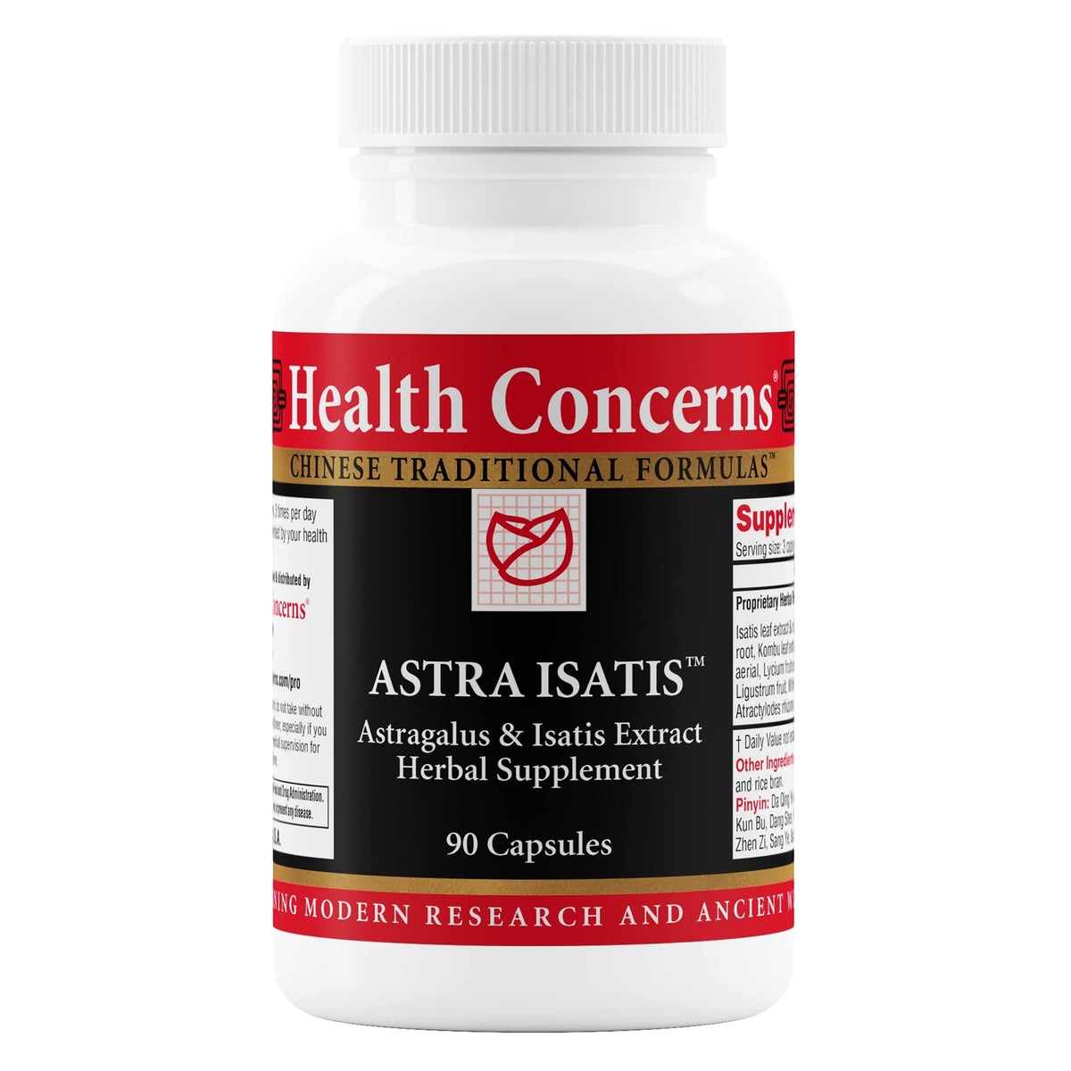 Health Concerns Astra Isatis, botella frente: posible apoyo a defensas y salud respiratoria diaria.