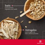 Health Concerns Astra Isatis, etiqueta cercana: incluye astrágalo y regaliz entre ingredientes.