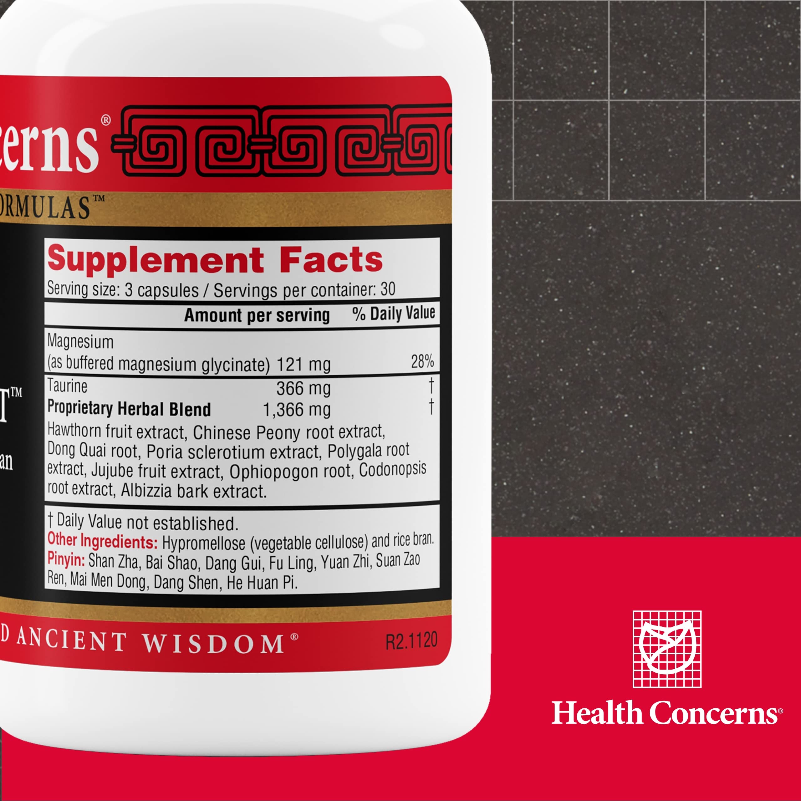 Health Concerns Calm Spirit: etiqueta lateral con ingredientes calmantes para tu rutina