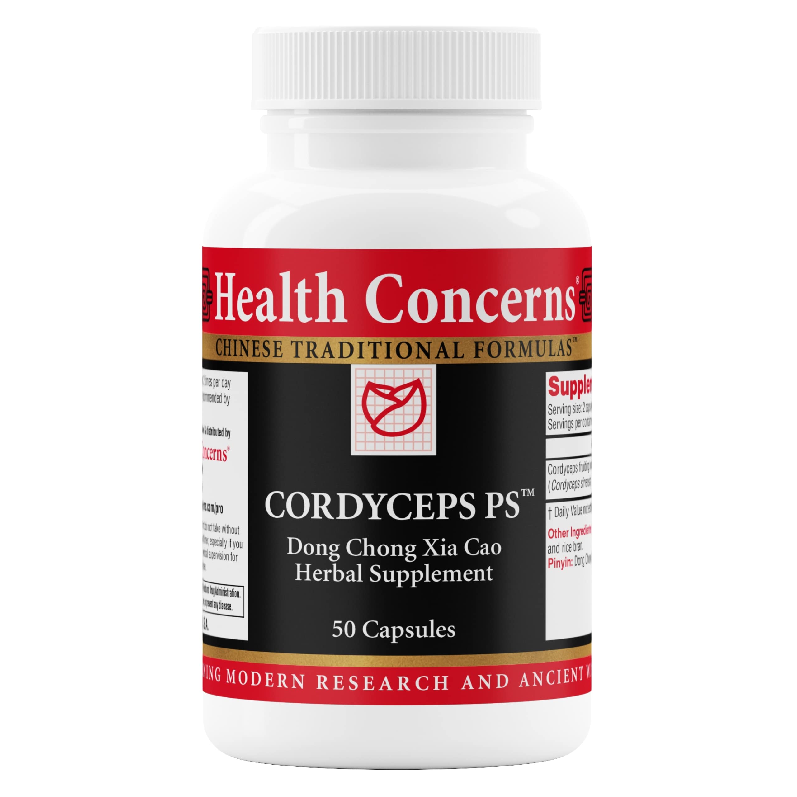 Health Concerns Cordyceps PS, botella de suplemento para apoyo respiratorio diario.