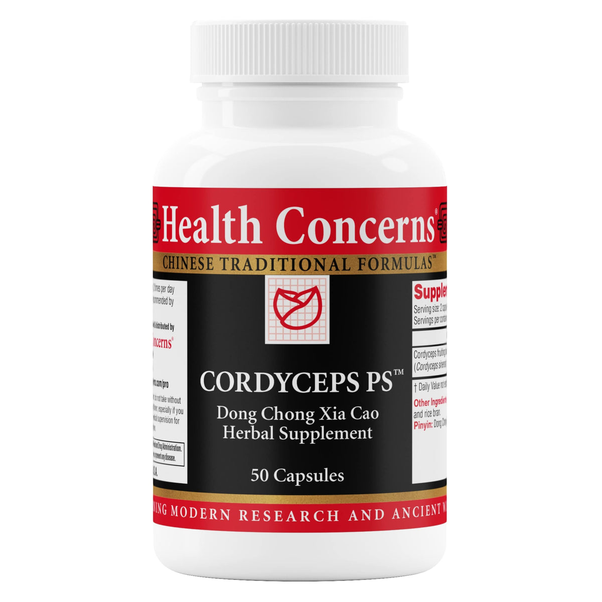 Health Concerns Cordyceps PS, botella de suplemento para apoyo respiratorio diario.