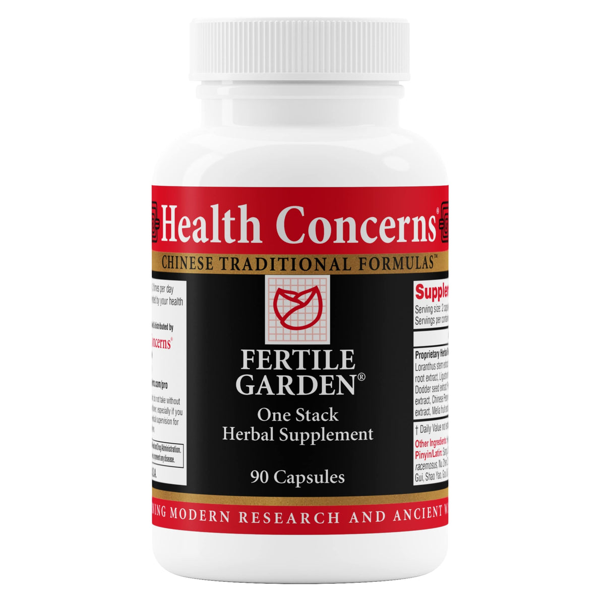 Health Concerns Fertile Garden, botella de cápsulas para apoyo reproductivo natural.