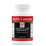 Health Concerns Ginseng y Rhodiola, frasco de cápsulas, posible apoyo respiratorio diario