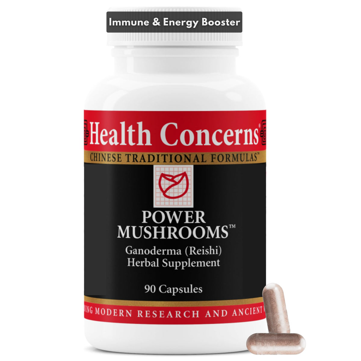 Health Concerns Power Mushrooms: botella frontal con cápsulas para energía diaria