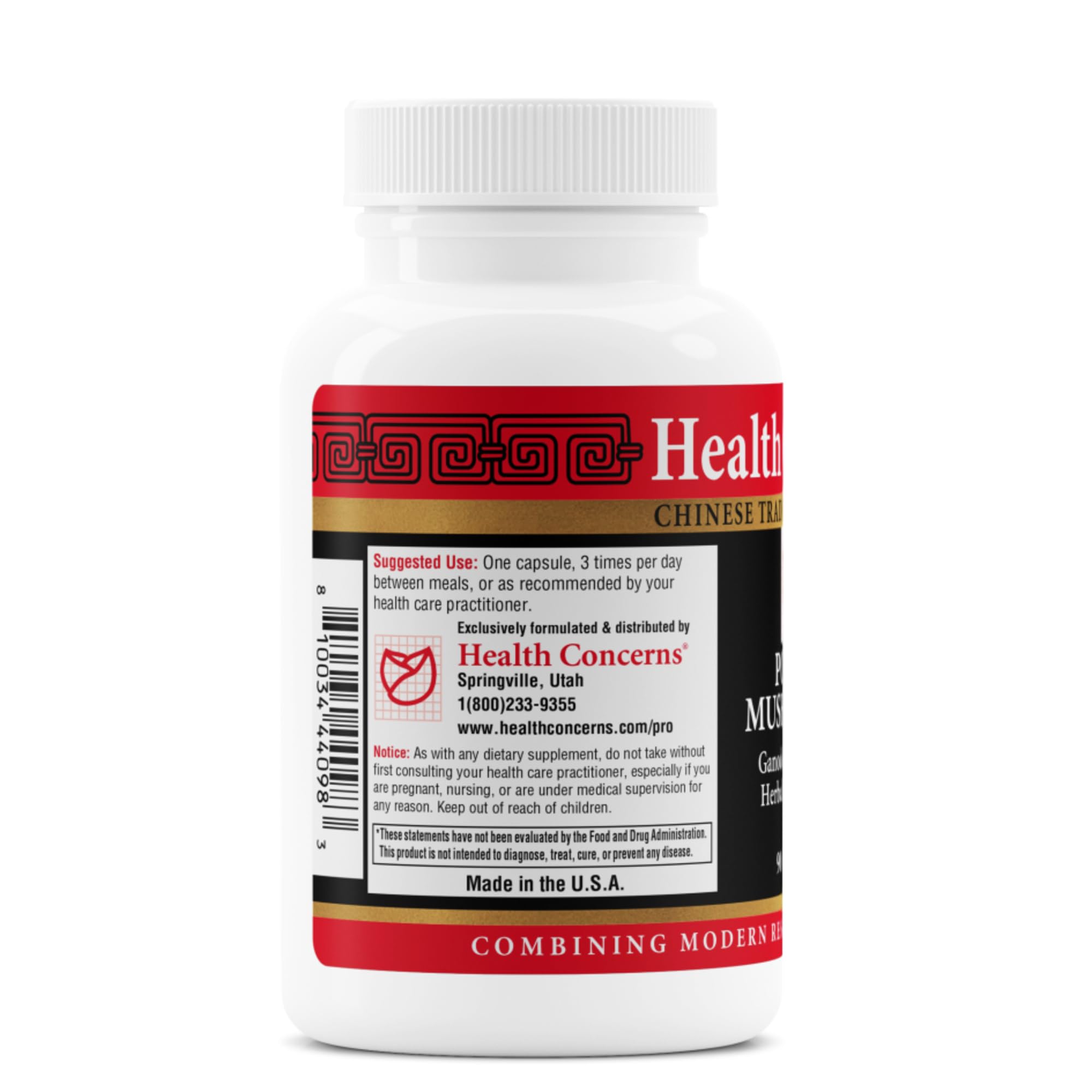 Health Concerns Power Mushrooms: etiqueta frontal con fórmula tradicional china