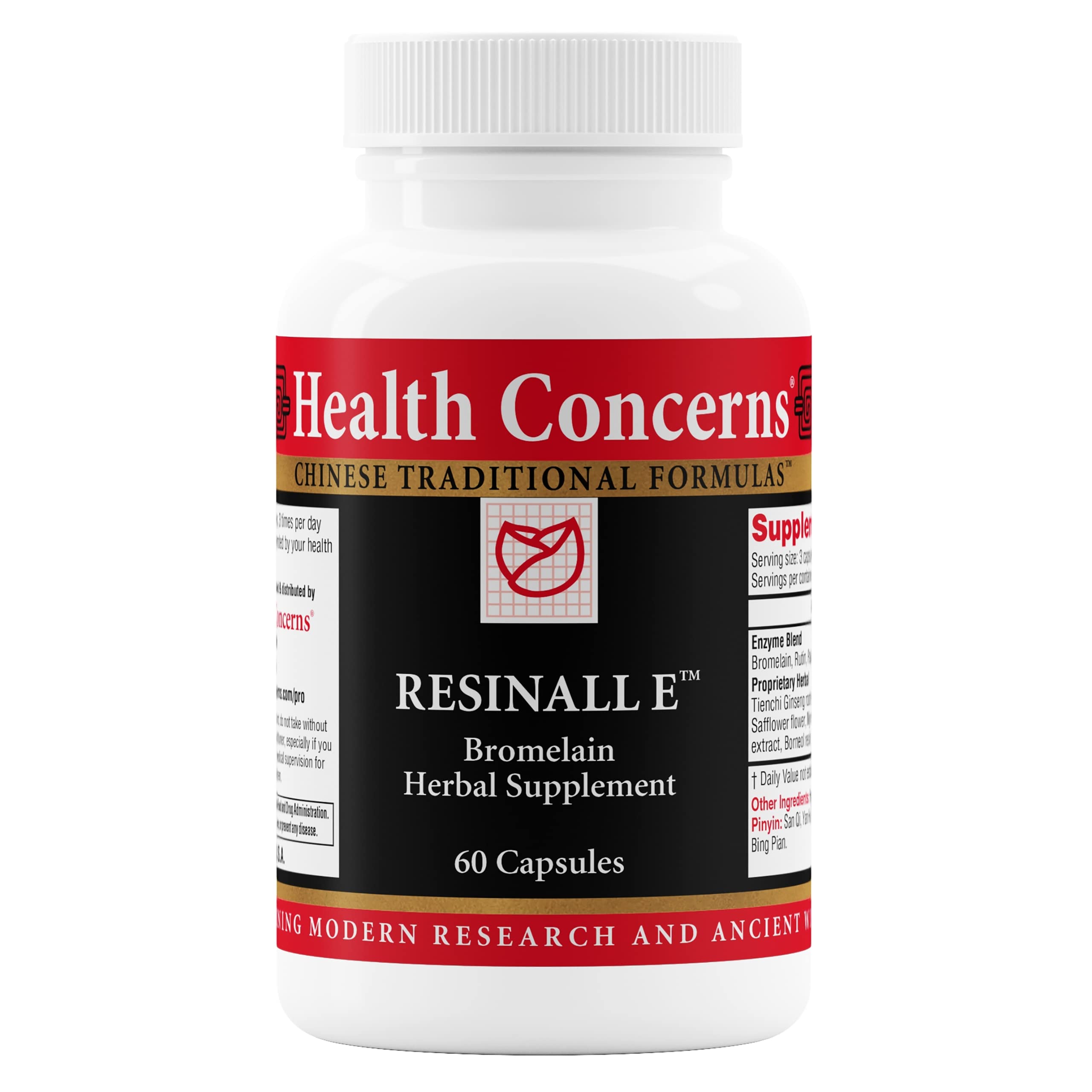 Health Concerns Resinall E: cápsulas en frasco para apoyo natural en la recuperación de lesiones.