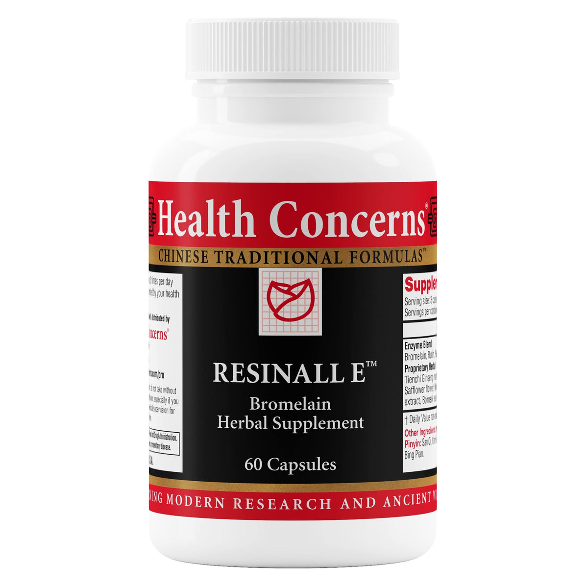Health Concerns Resinall E: cápsulas en frasco para apoyo natural en la recuperación de lesiones.