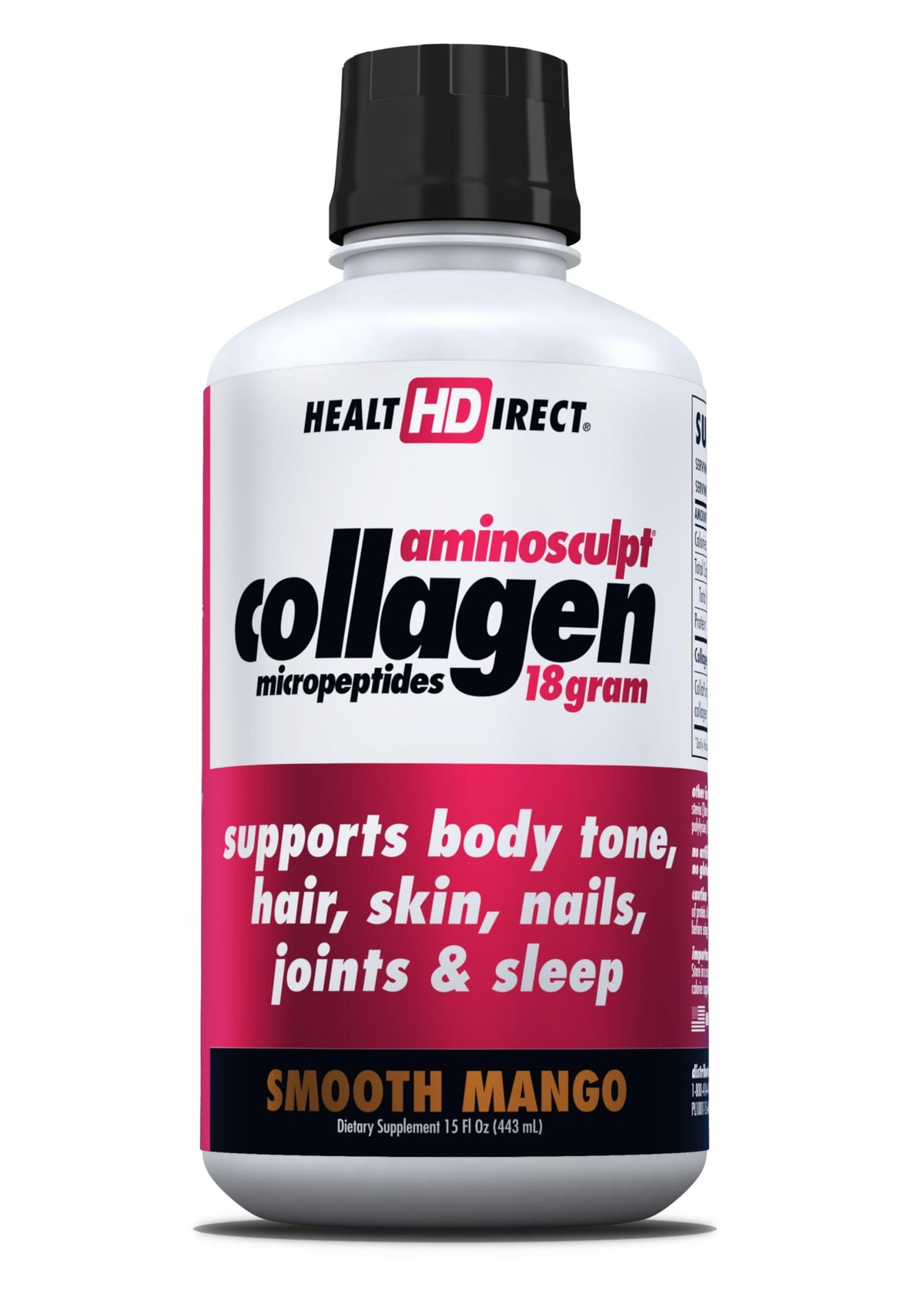HEALTH DIRECT AminoSculpt: botella frente, sabor mango, apoyo potencial para cabello y piel.