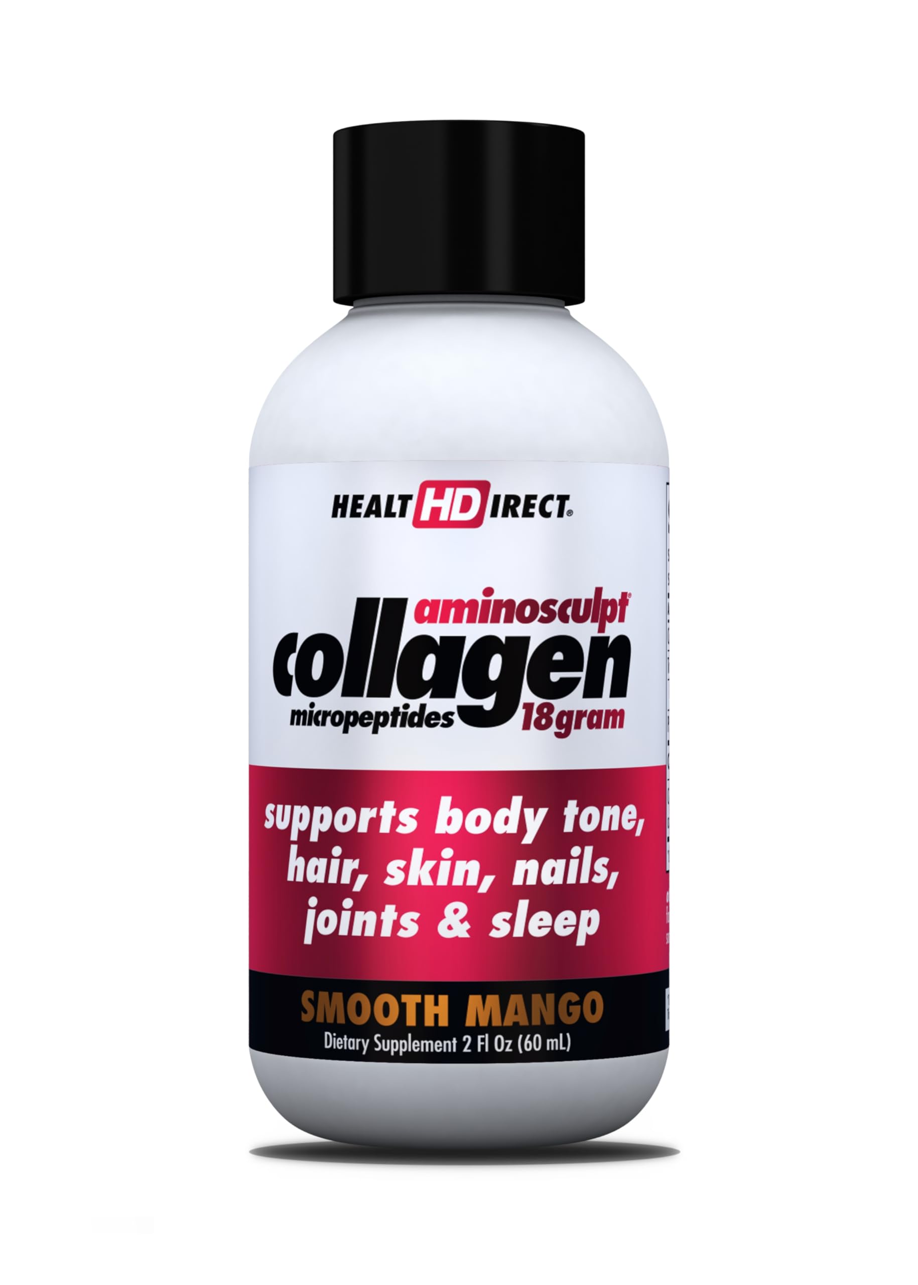 HEALTH DIRECT AminoSculpt, botella de colágeno sin azúcar sabor mango suave para consumo diario.