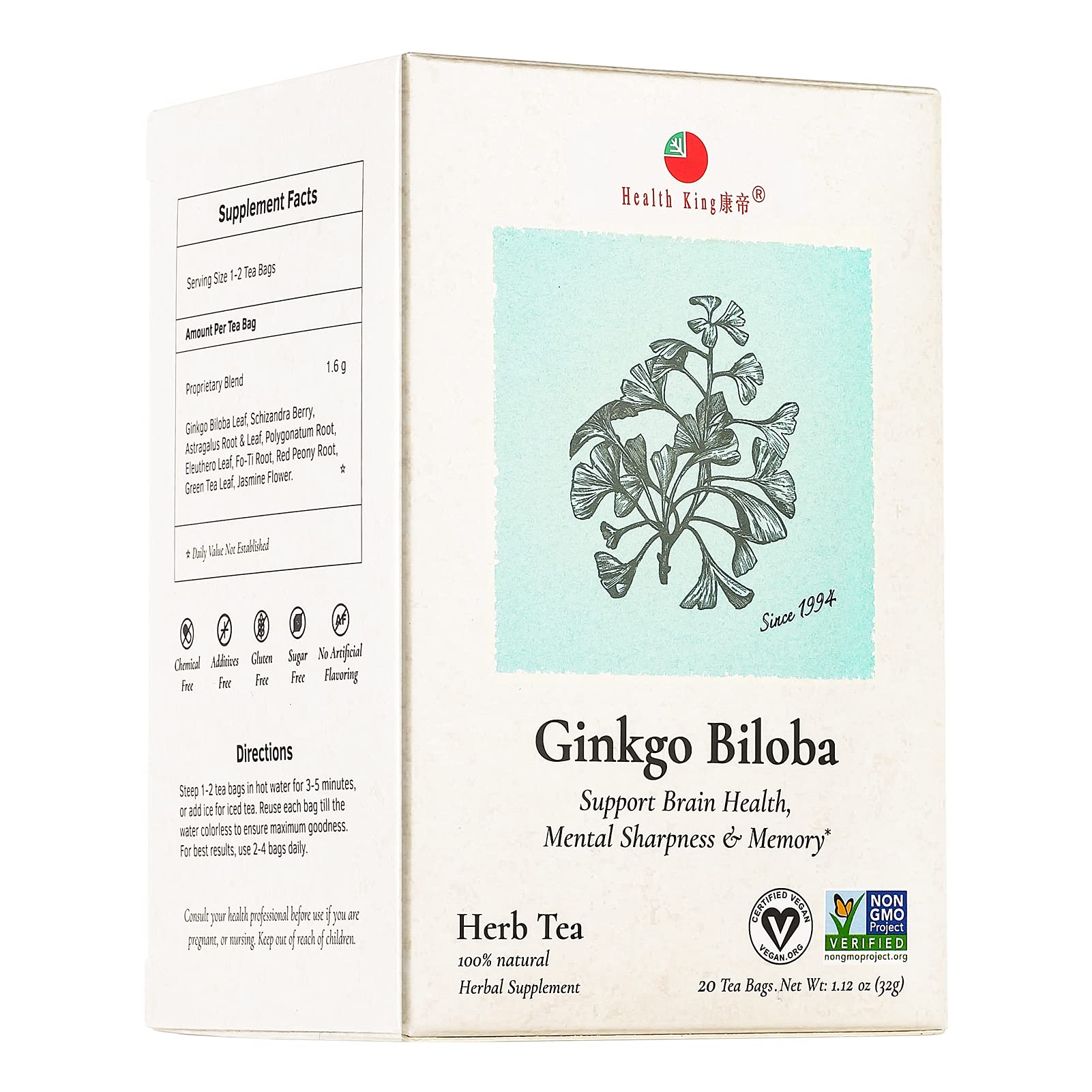 Health King Ginkgo Biloba te bolsas 20, empaque visible para enfoque diario