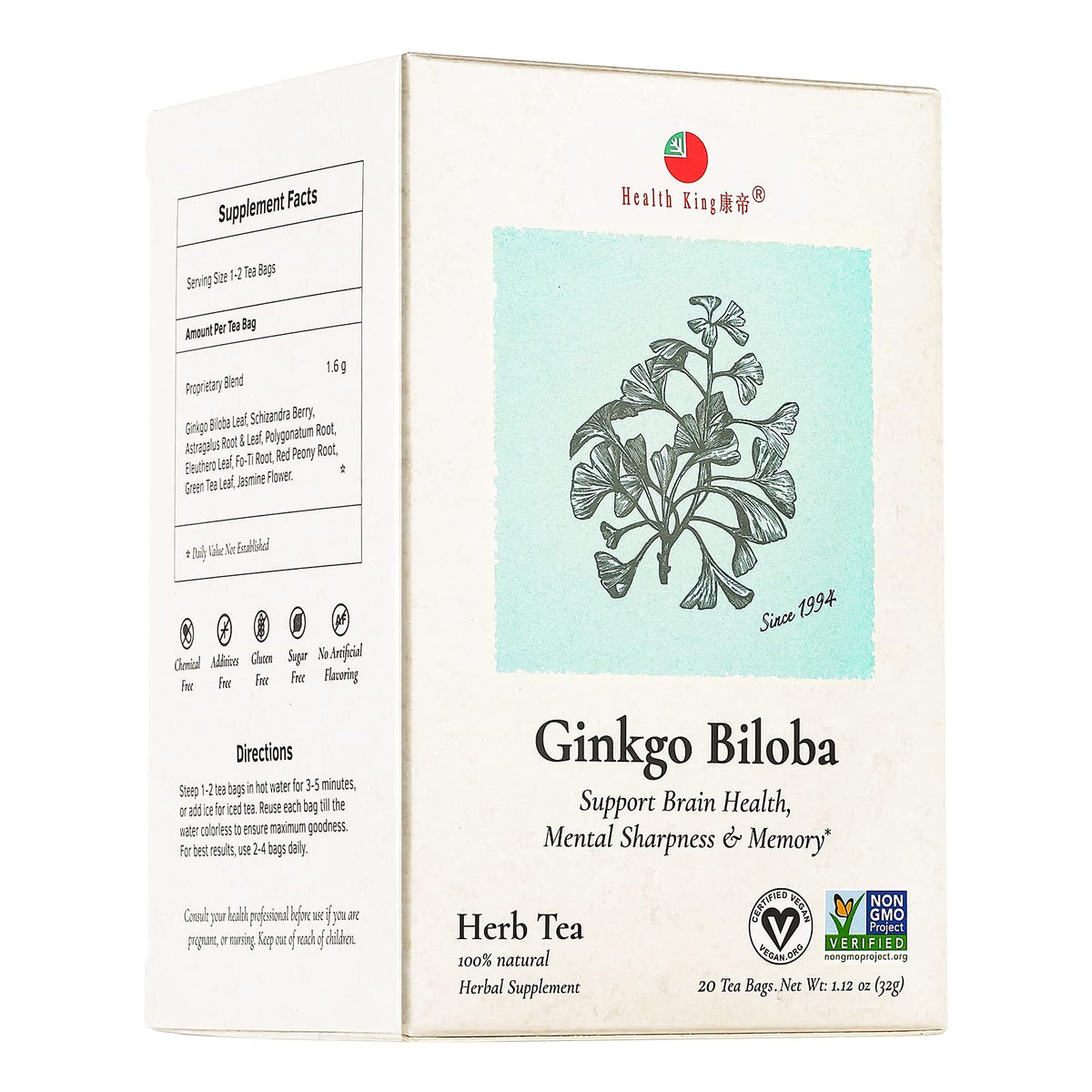 Health King Ginkgo Biloba te bolsas 20, empaque visible para enfoque diario