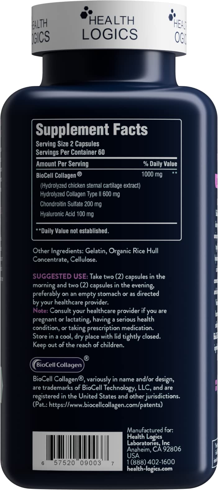 Health Logics BioCell Collagen etiqueta visible, valor premium para cuidado de la piel.