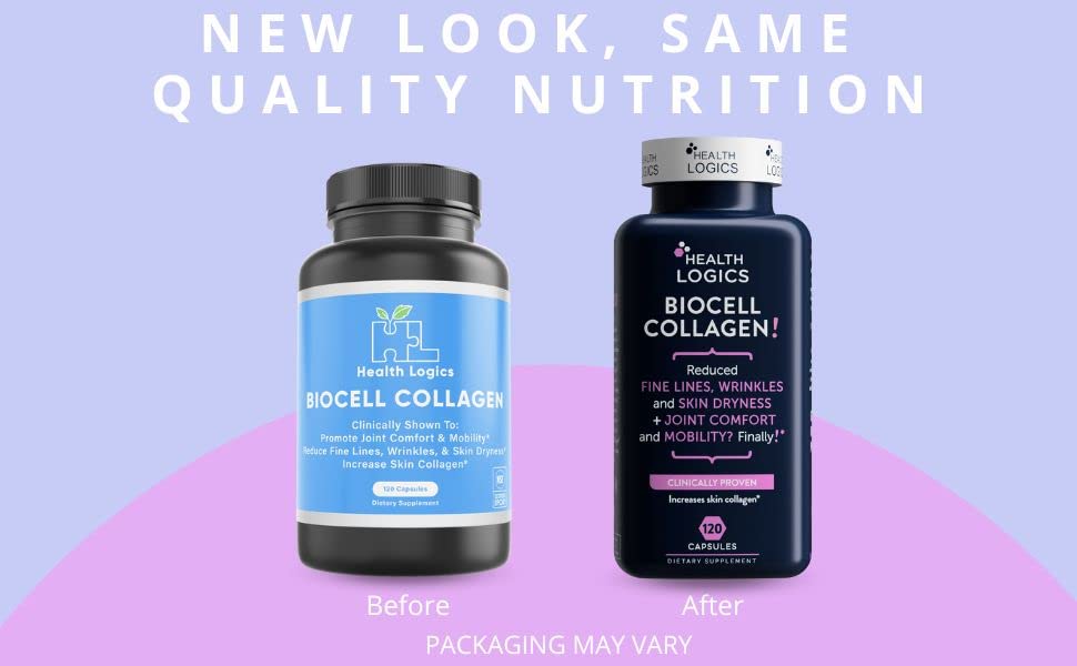 Health Logics BioCell Collagen frasco con cápsulas, fácil rutina diaria.